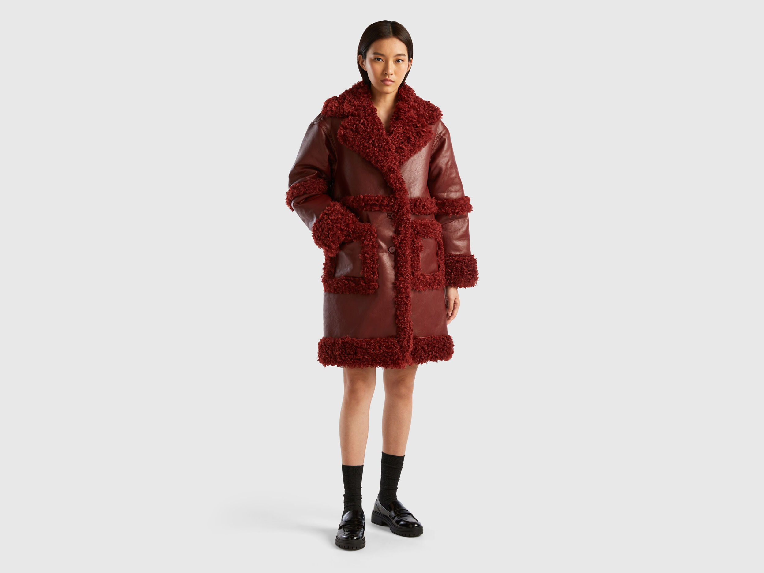 Coat in imitation leather with faux fur Burgundy Benetton