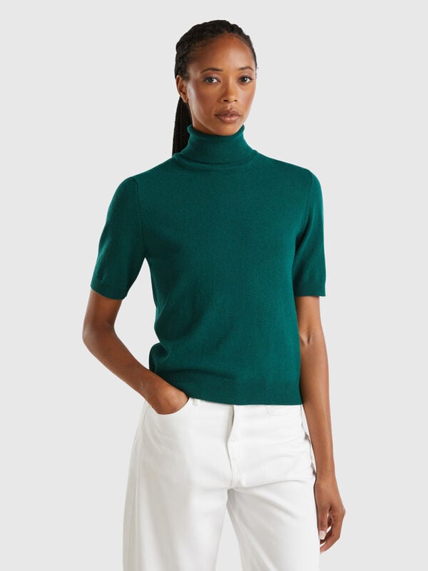 Forest green short sleeve turtleneck in cashmere blend Women