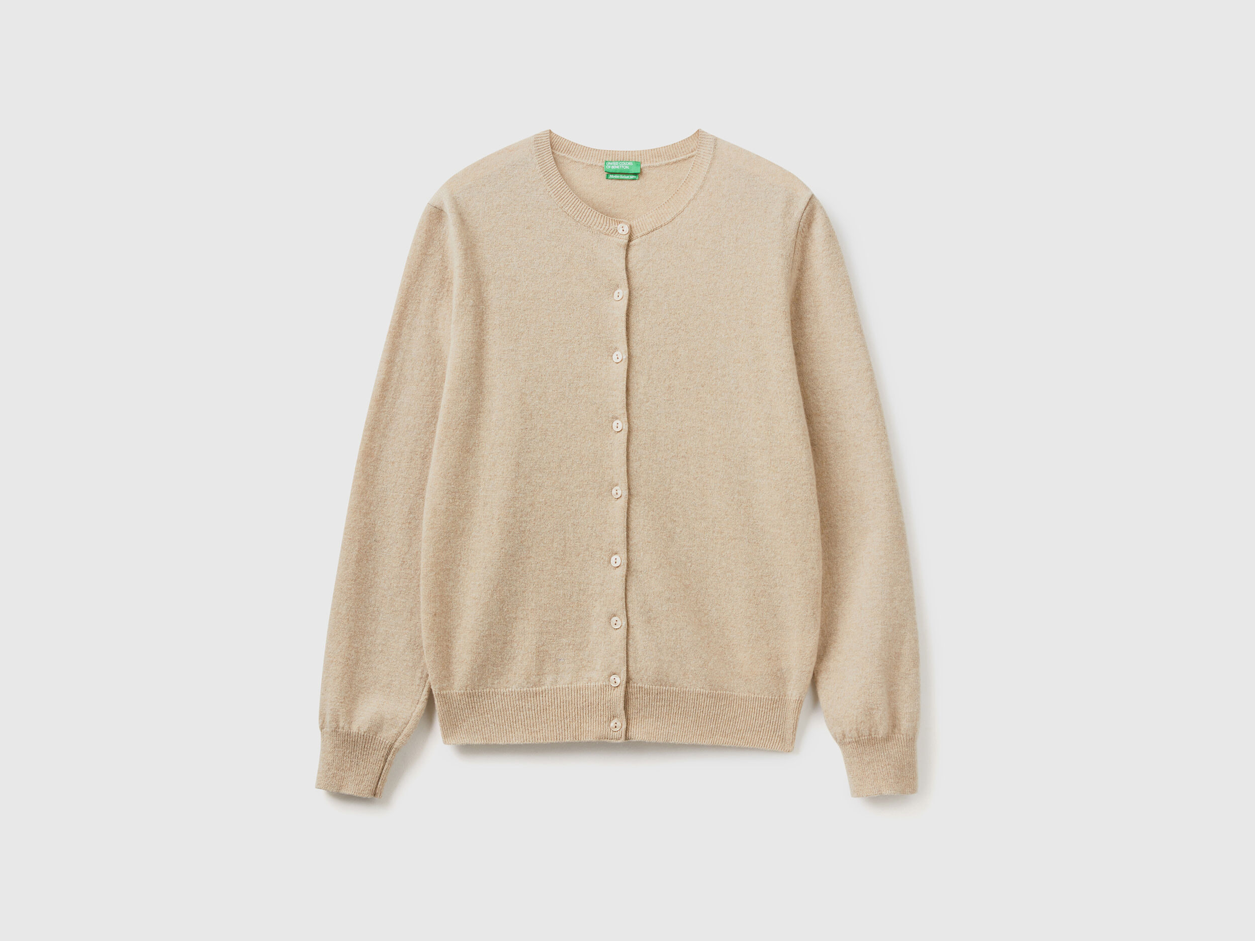 Beige crew neck cardigan in pure Merino wool - Beige | Benetton