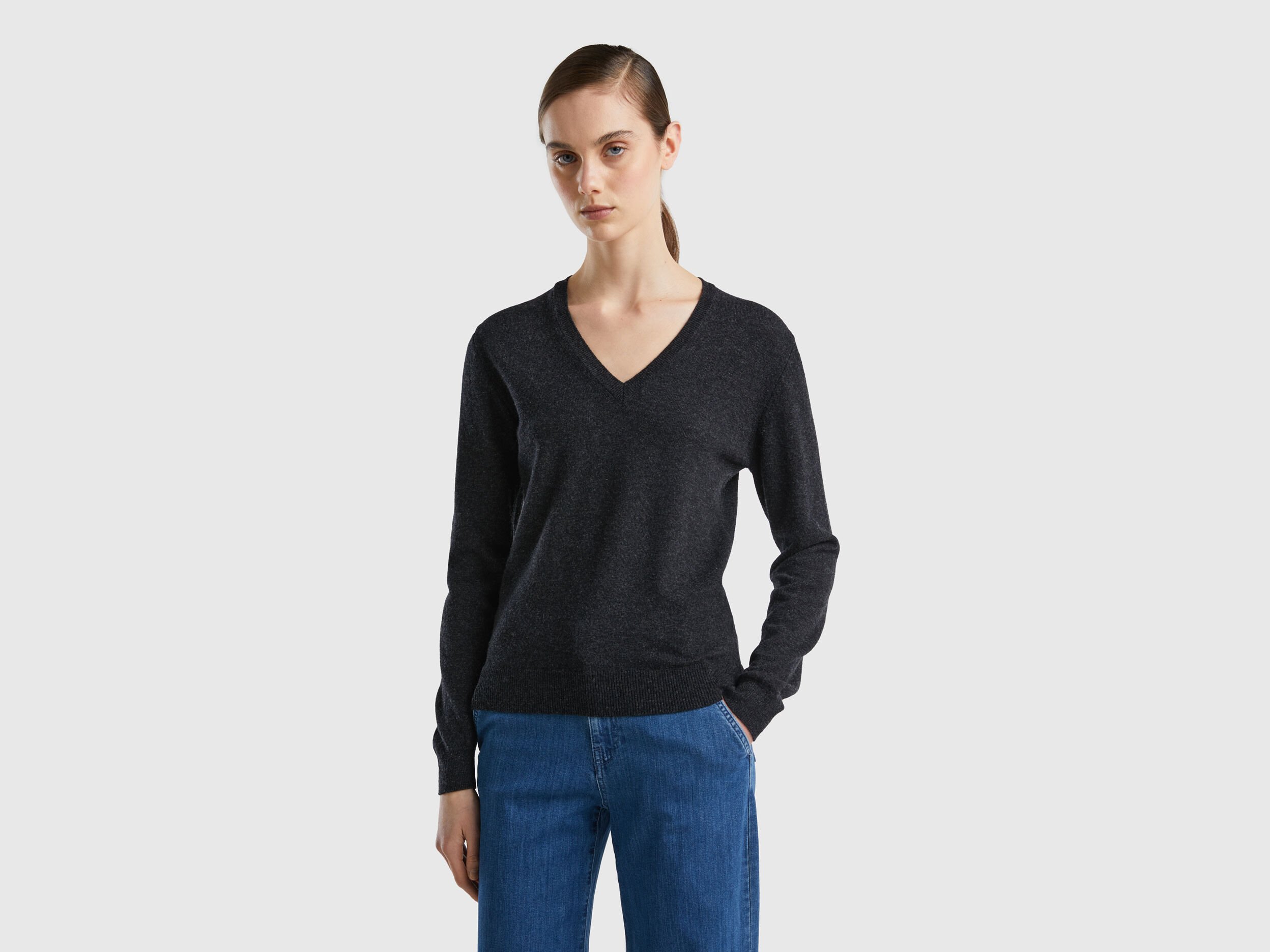 Charcoal gray V neck sweater in pure Merino wool Dark Gray
