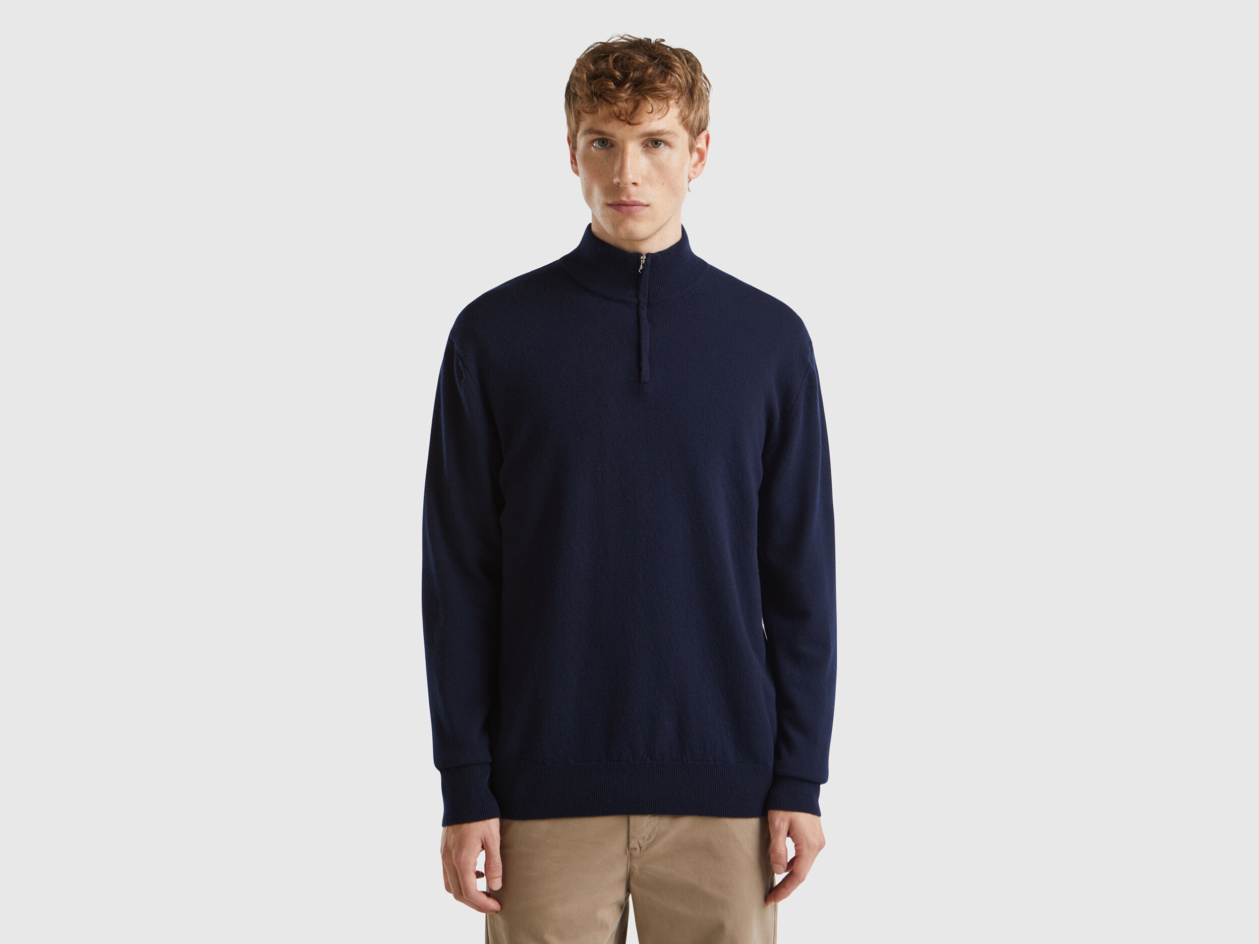 Midnight blue zip up sweater in 100 Merino wool Dark Blue Benetton