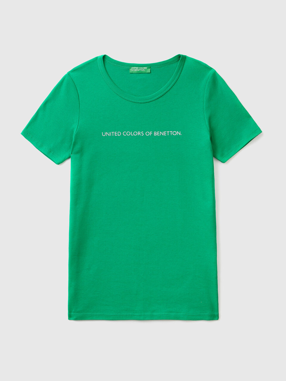 T-shirt 100% Benetton cotton | with glitter logo - print in Green