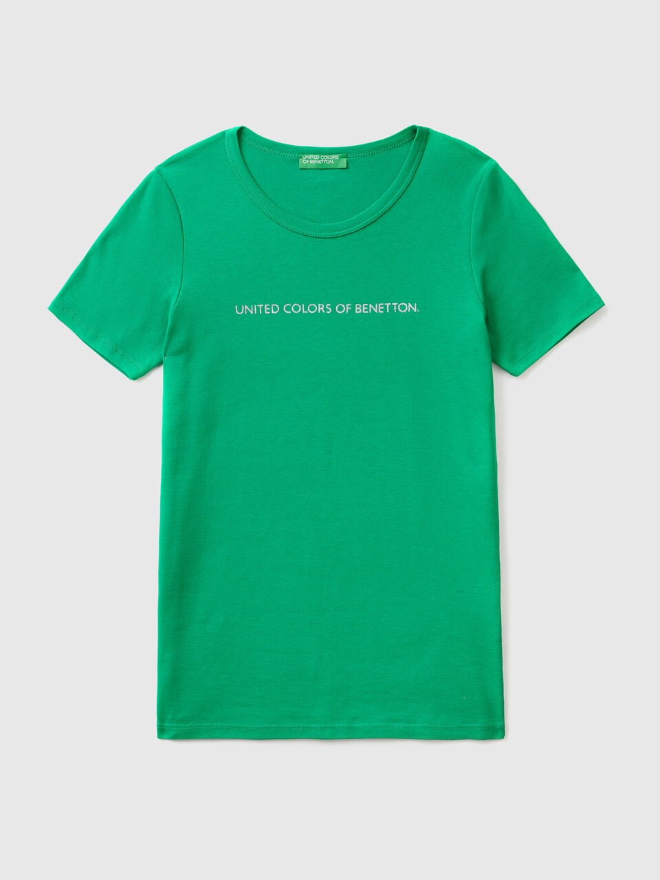 T-shirt in 100% cotton with glitter print logo - Green | Benetton