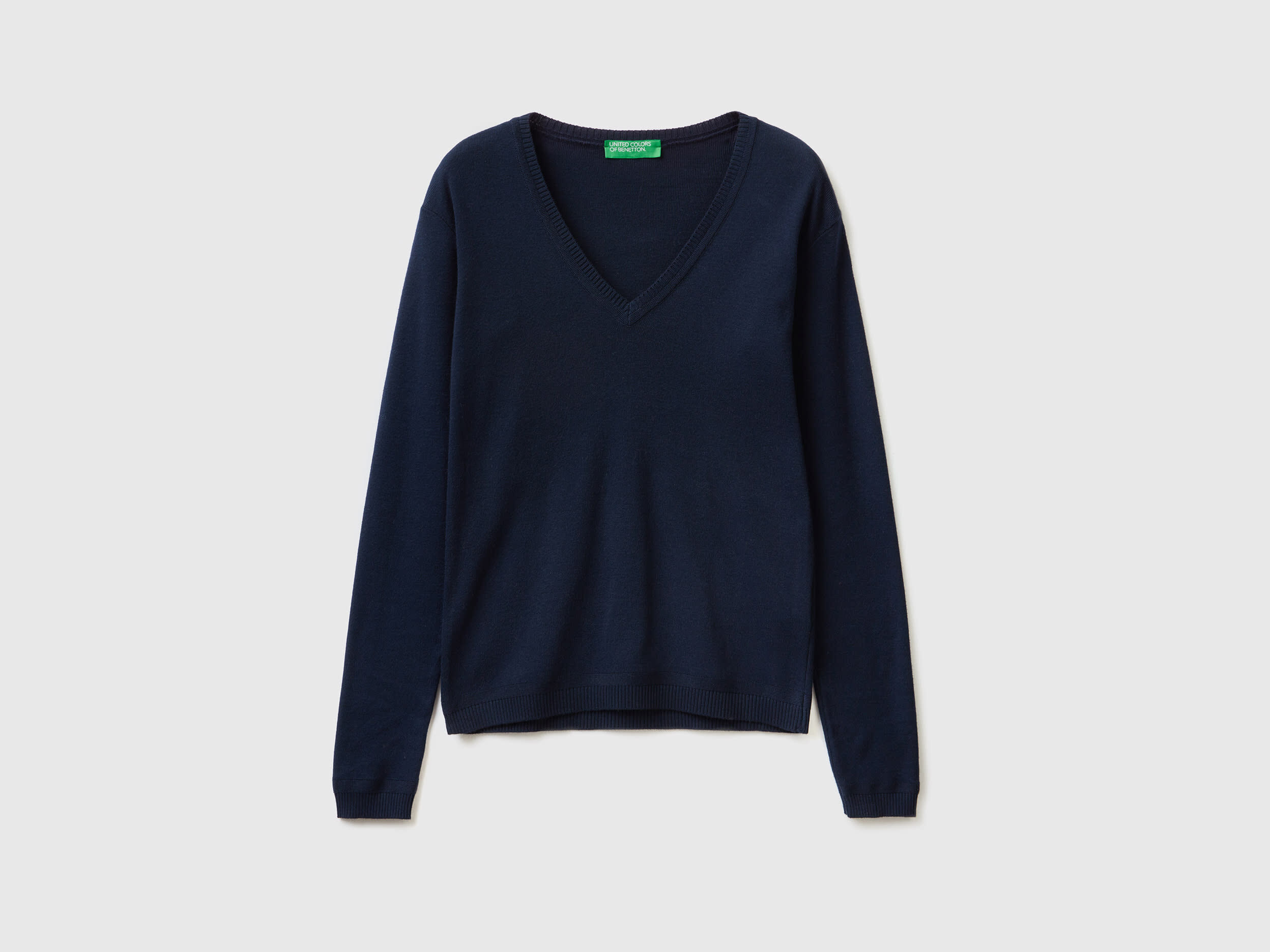 Benetton Online Exclusive V Neck Sweater in Pure Cotton Dark Blue Women