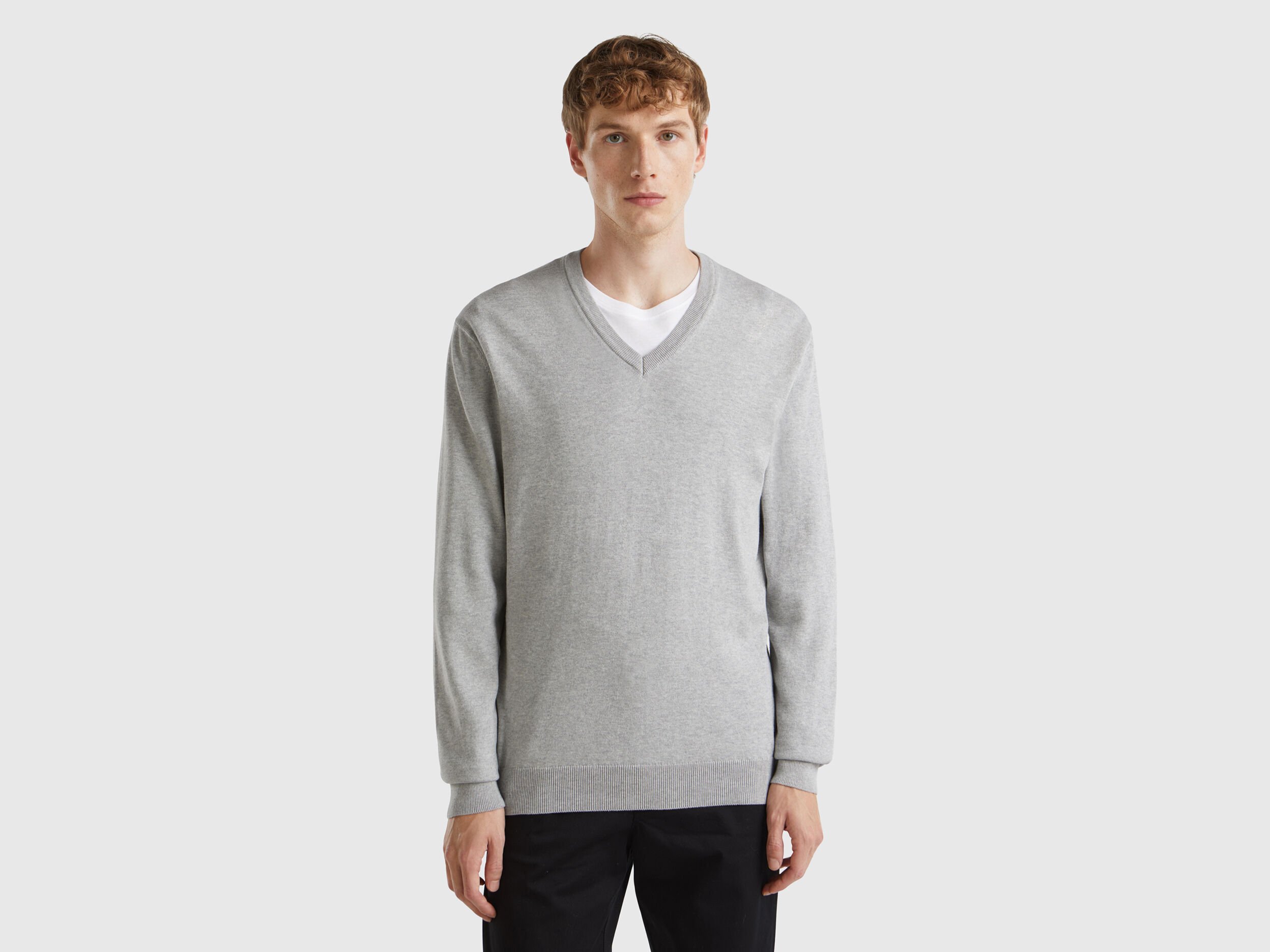 V neck sweater in pure cotton Light Gray Benetton