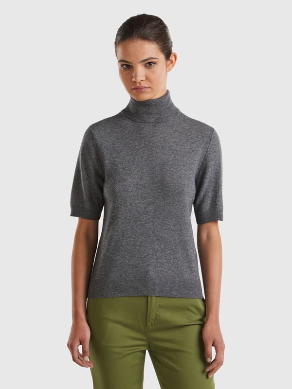 Dark gray short sleeve turtleneck in cashmere blend Women