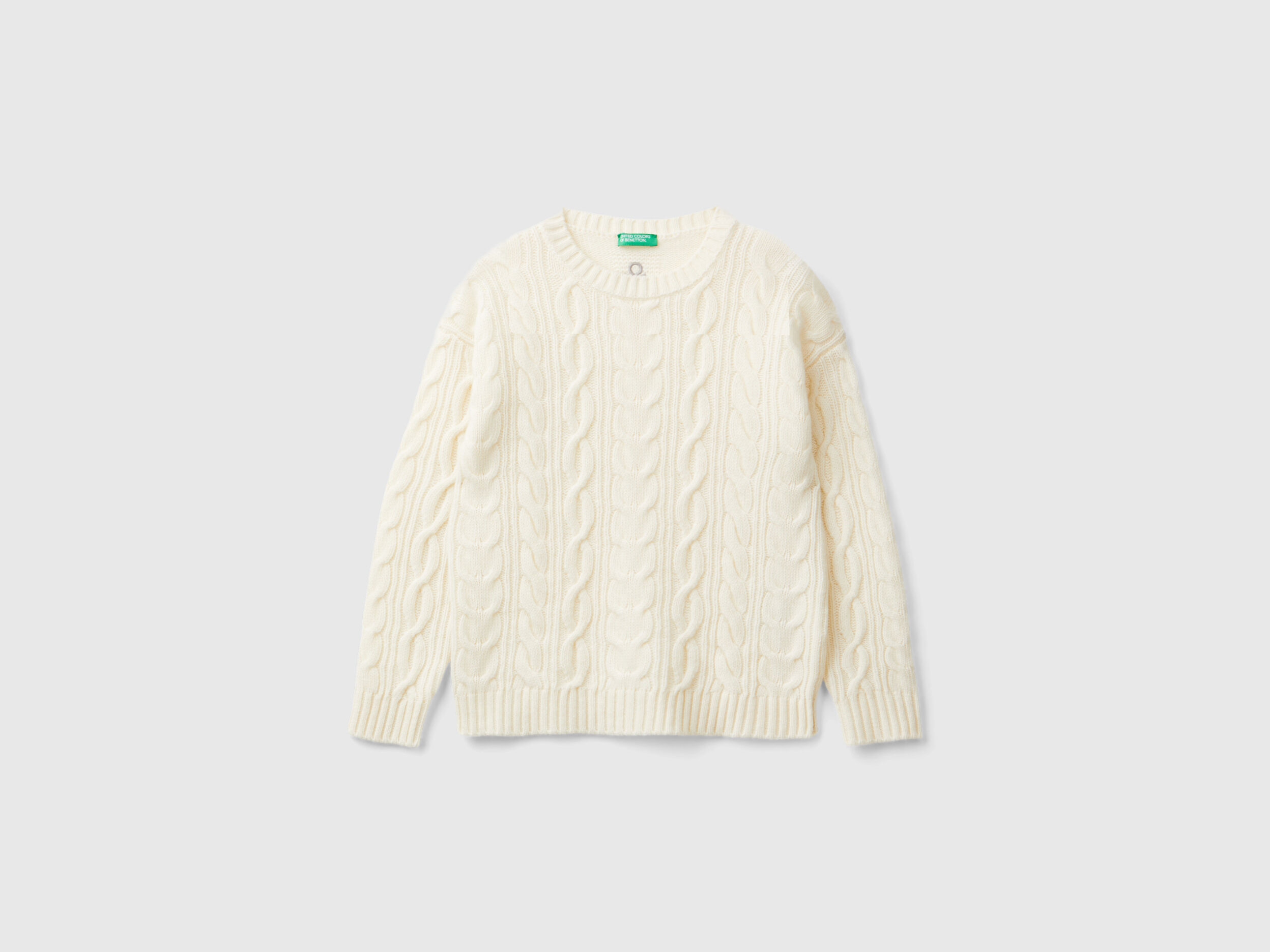 Cable knit sweater in wool blend - Creamy White | Benetton