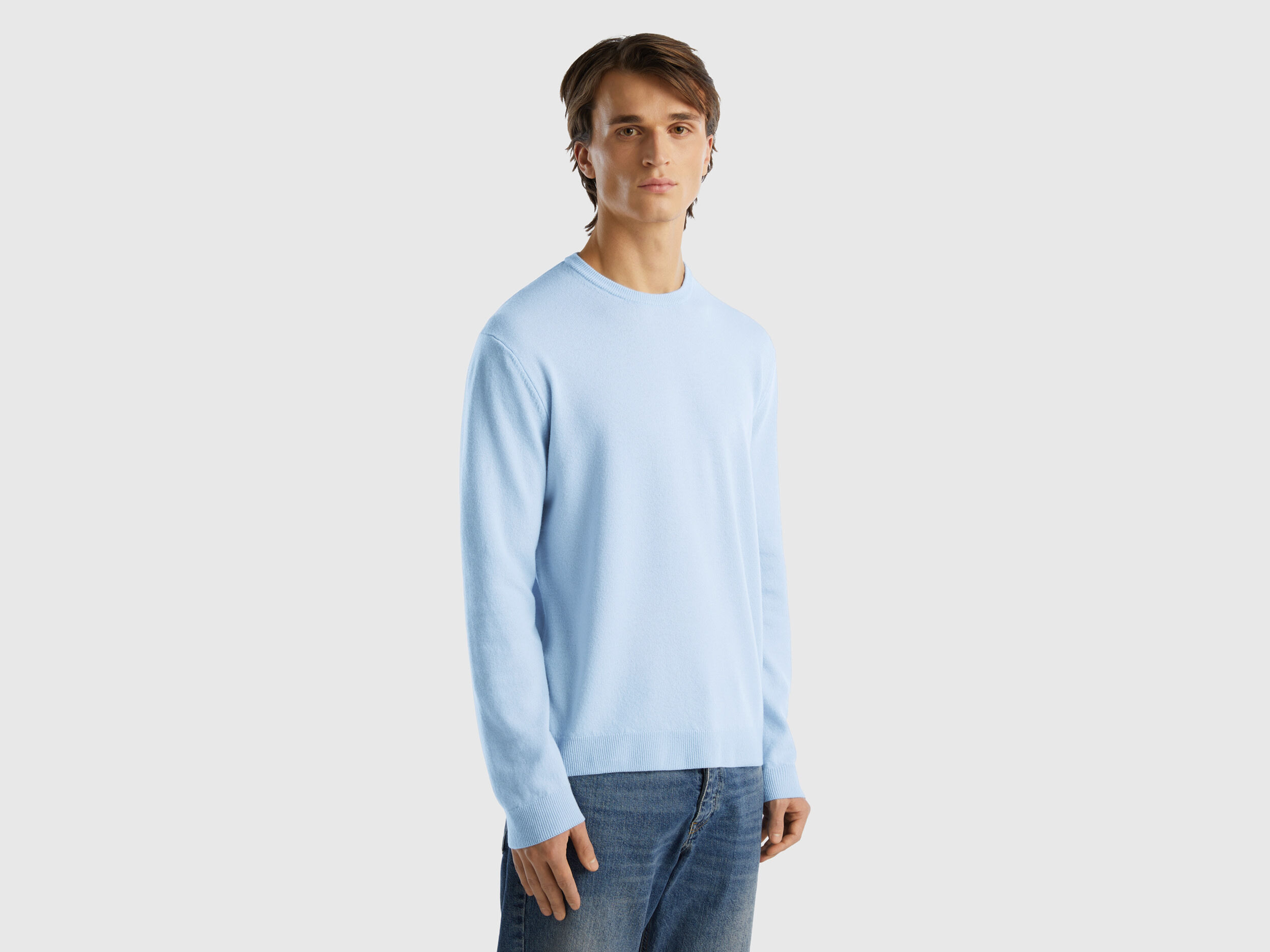 Light blue crew neck sweater in pure Merino wool Sky Blue Benetton