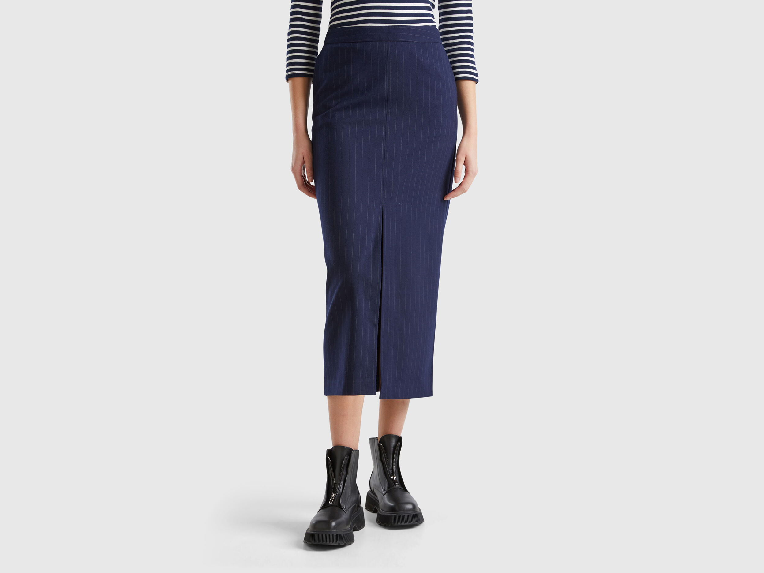 Benetton Pinstripe Midi Skirt Dark Blue Women