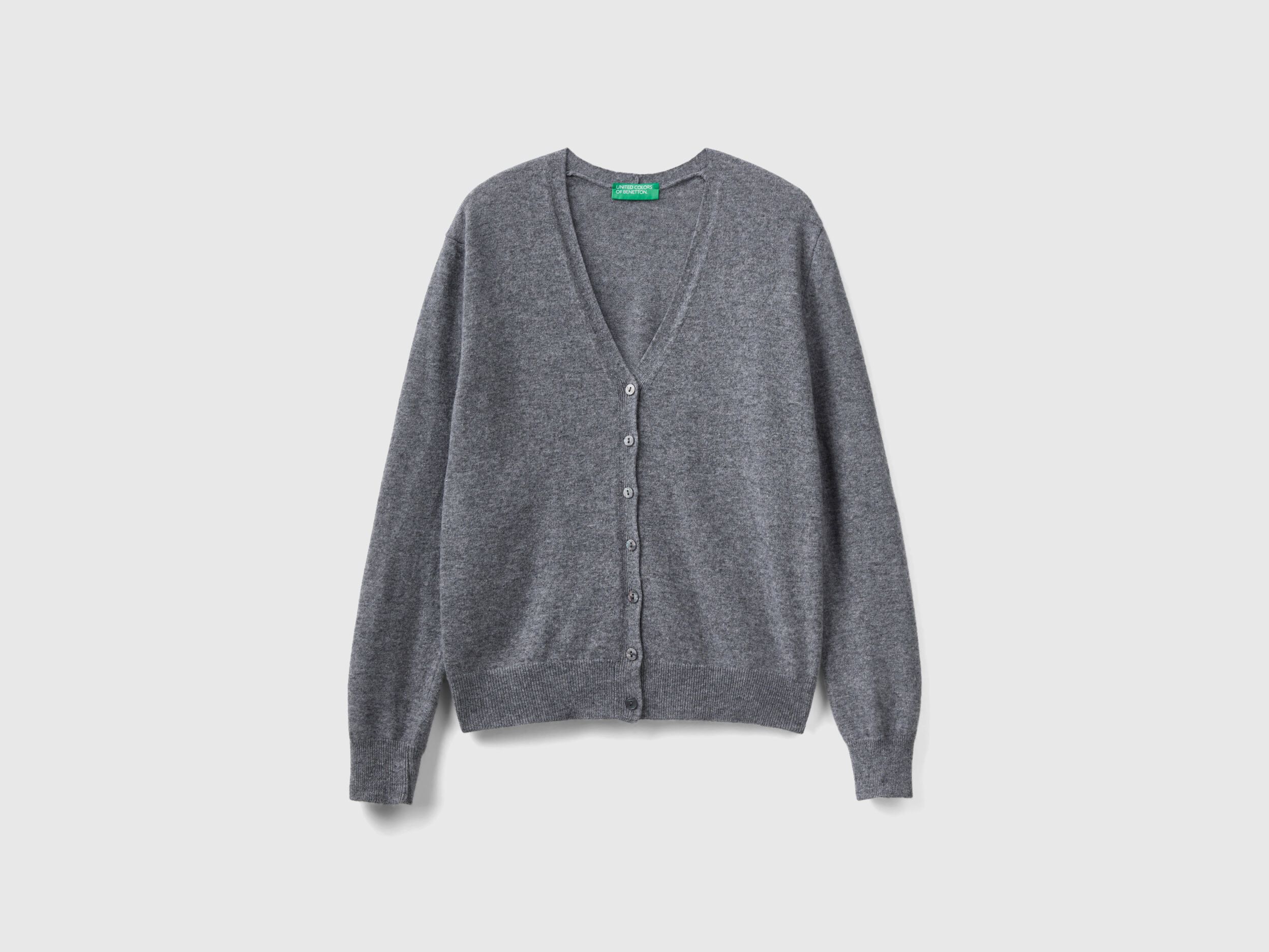 Gray V-neck cardigan in pure Merino wool - Dark Gray | Benetton