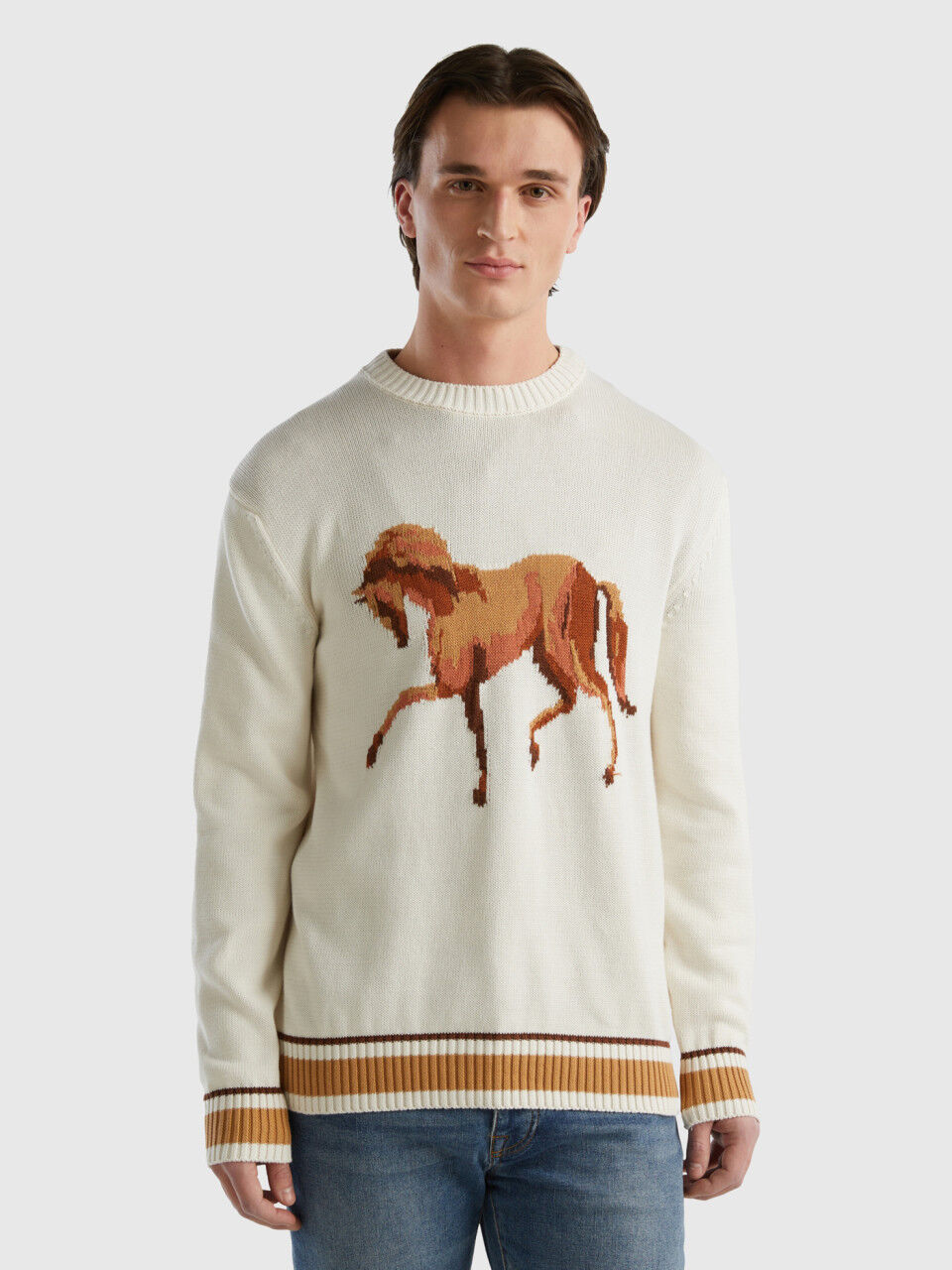 Sweater with horse inlay - Creamy White | Benetton