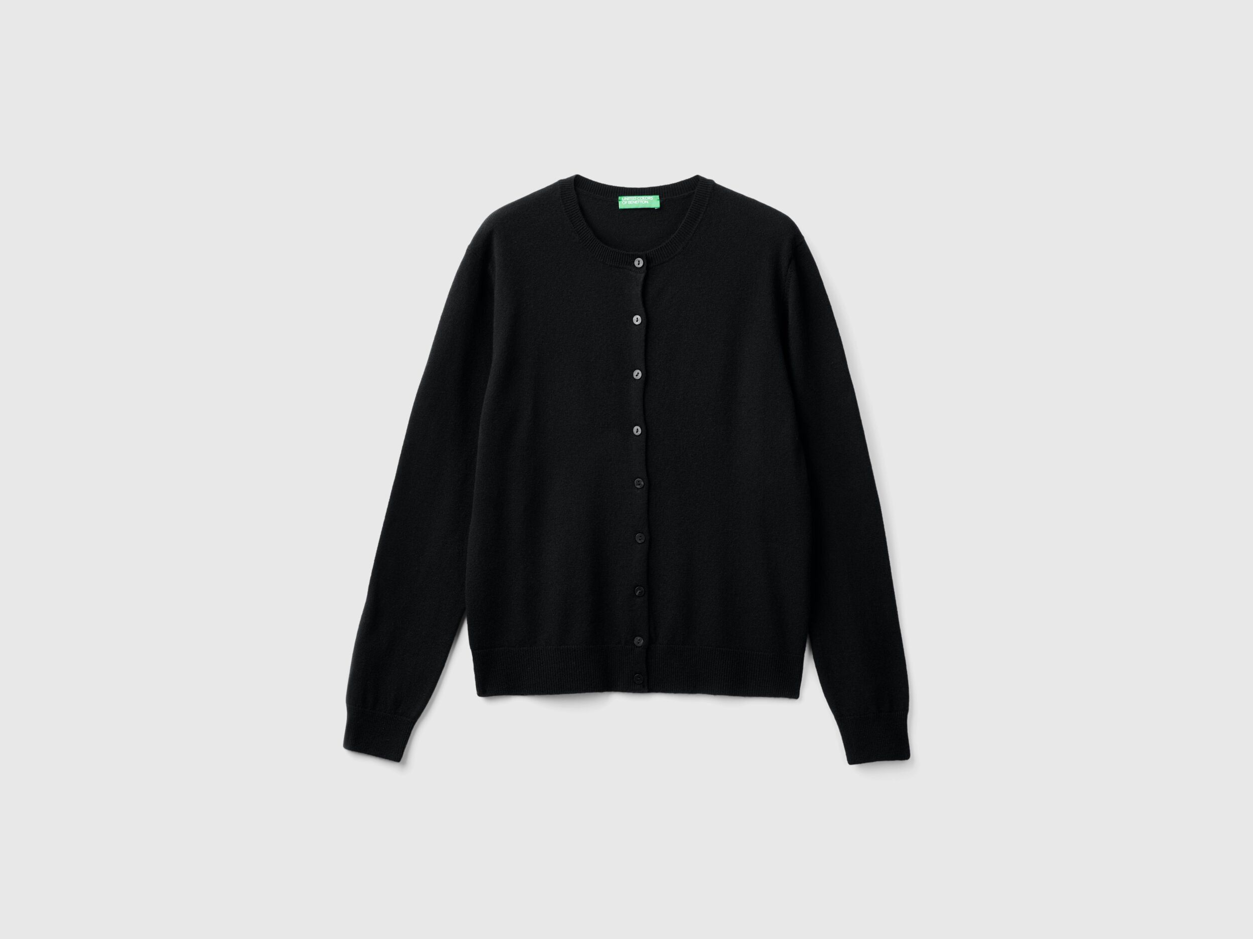 Black crew neck cardigan in pure Merino wool Black Benetton