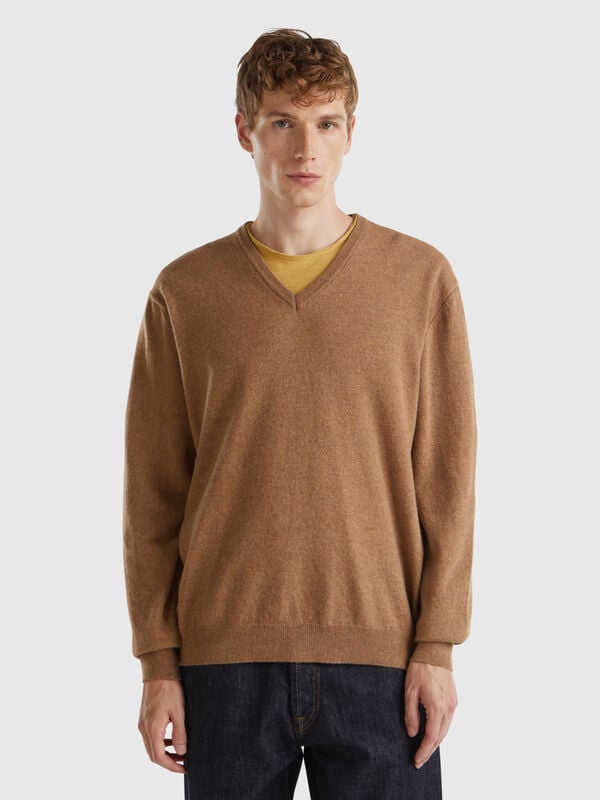 Brown V-neck sweater in pure Merino wool Men