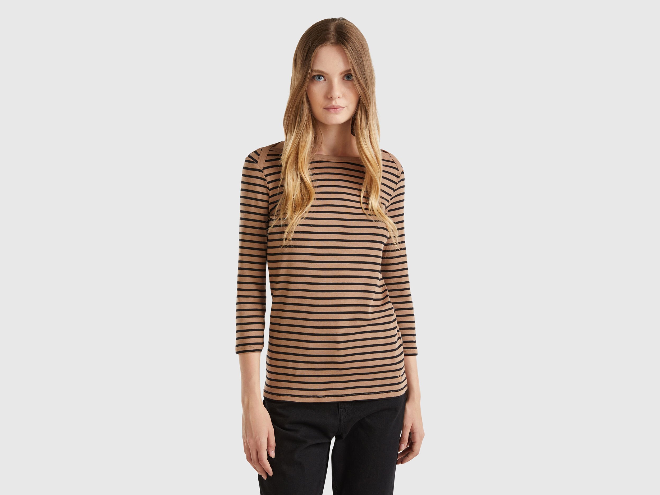 Striped 3/4 sleeve t-shirt in pure cotton - Camel | Benetton
