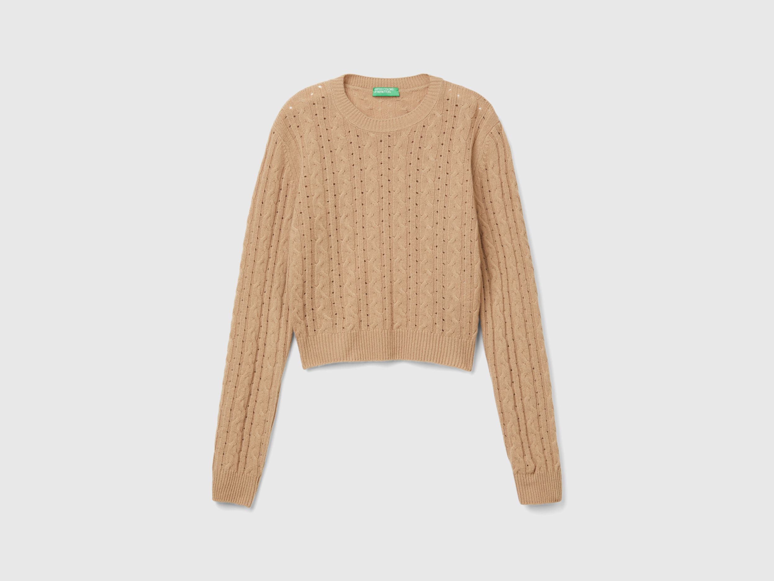 Cropped sweater with cable knit and perforations - Camel