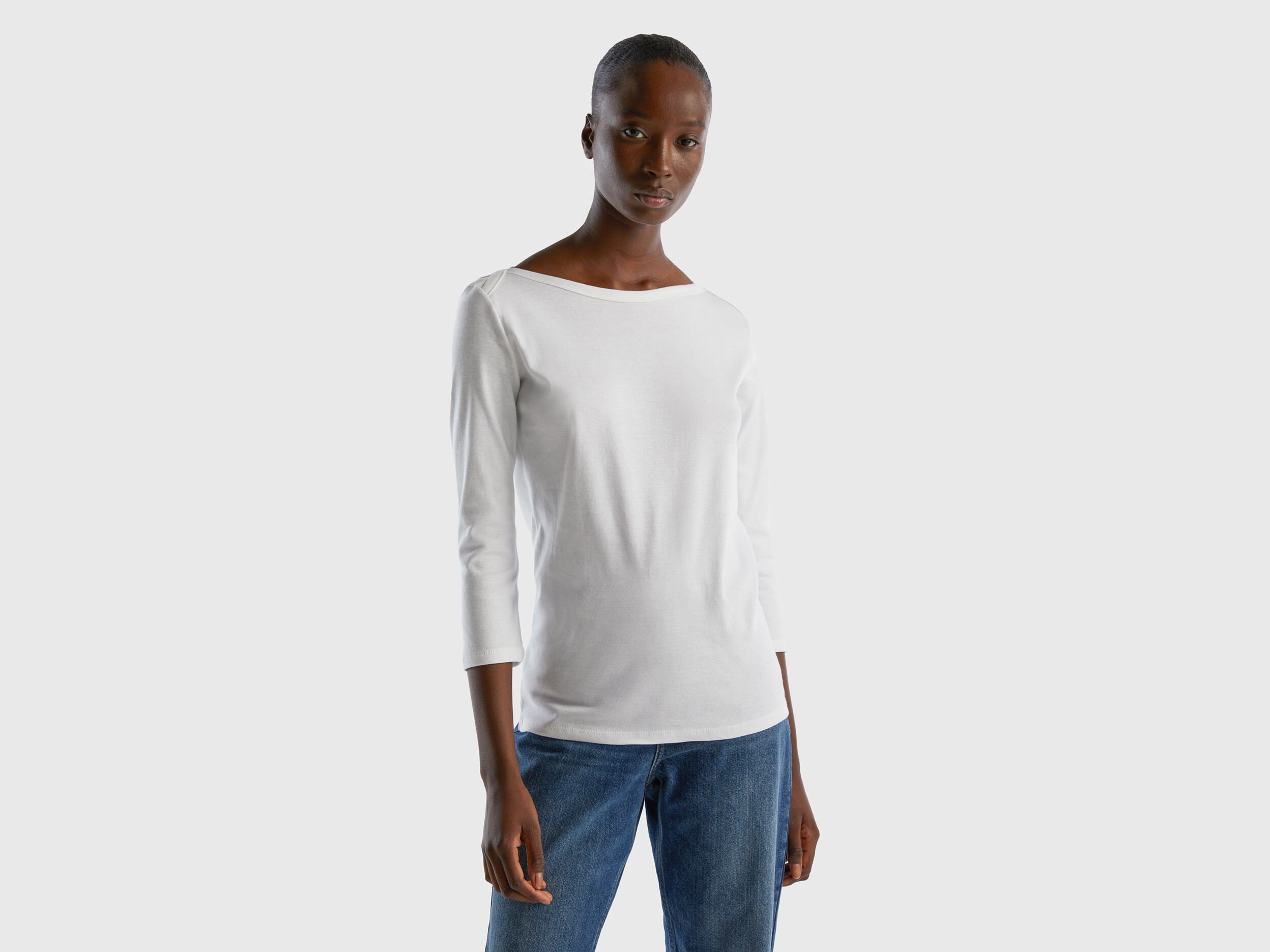 T-shirt with boat neck in 100% cotton - White | Benetton