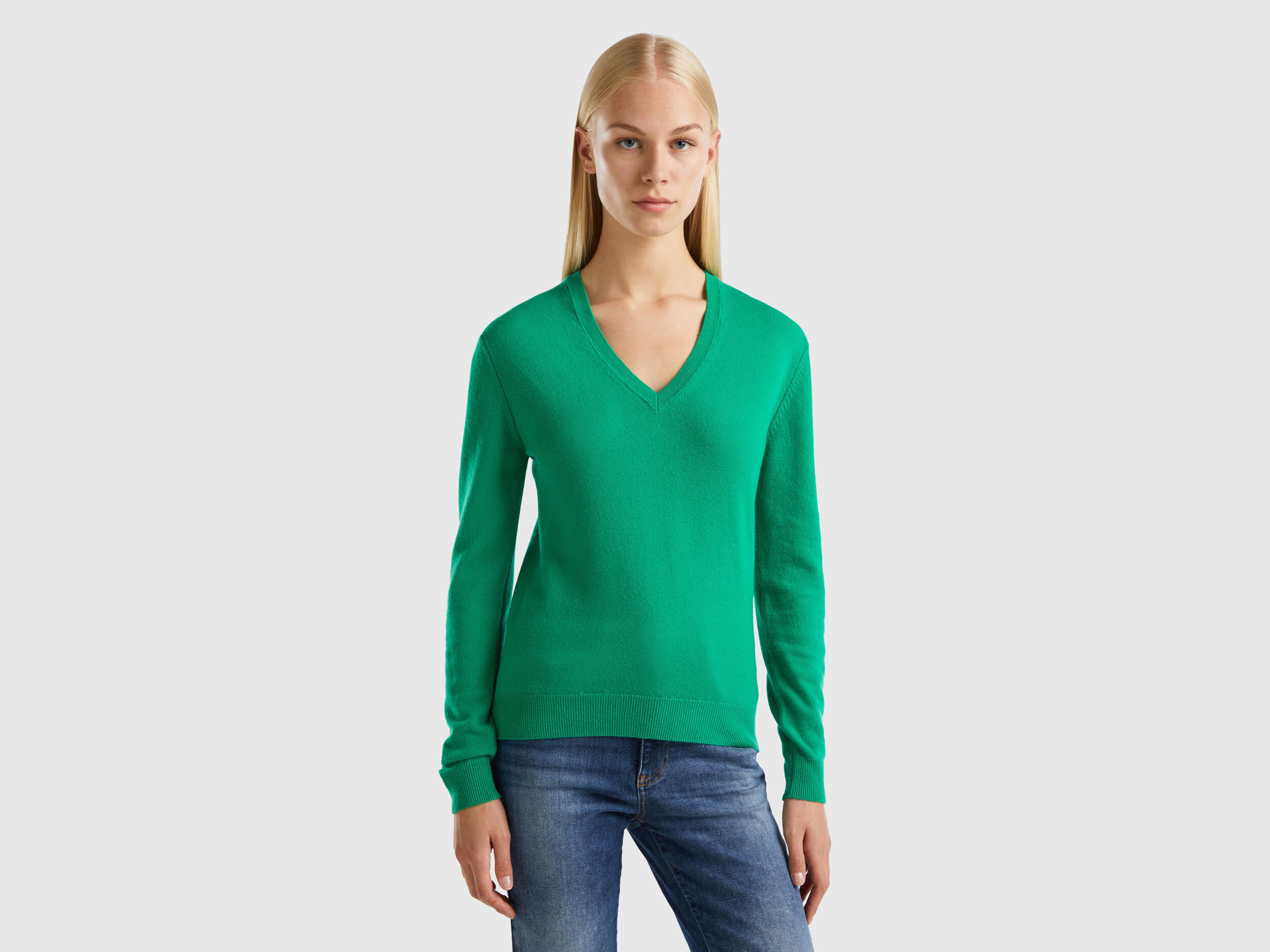 Green V neck sweater in pure Merino wool Green Benetton
