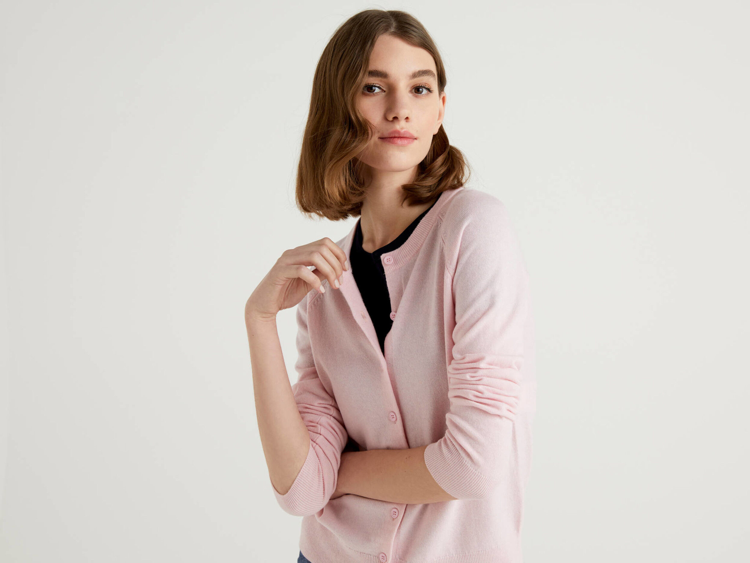 pink crew neck cardigan