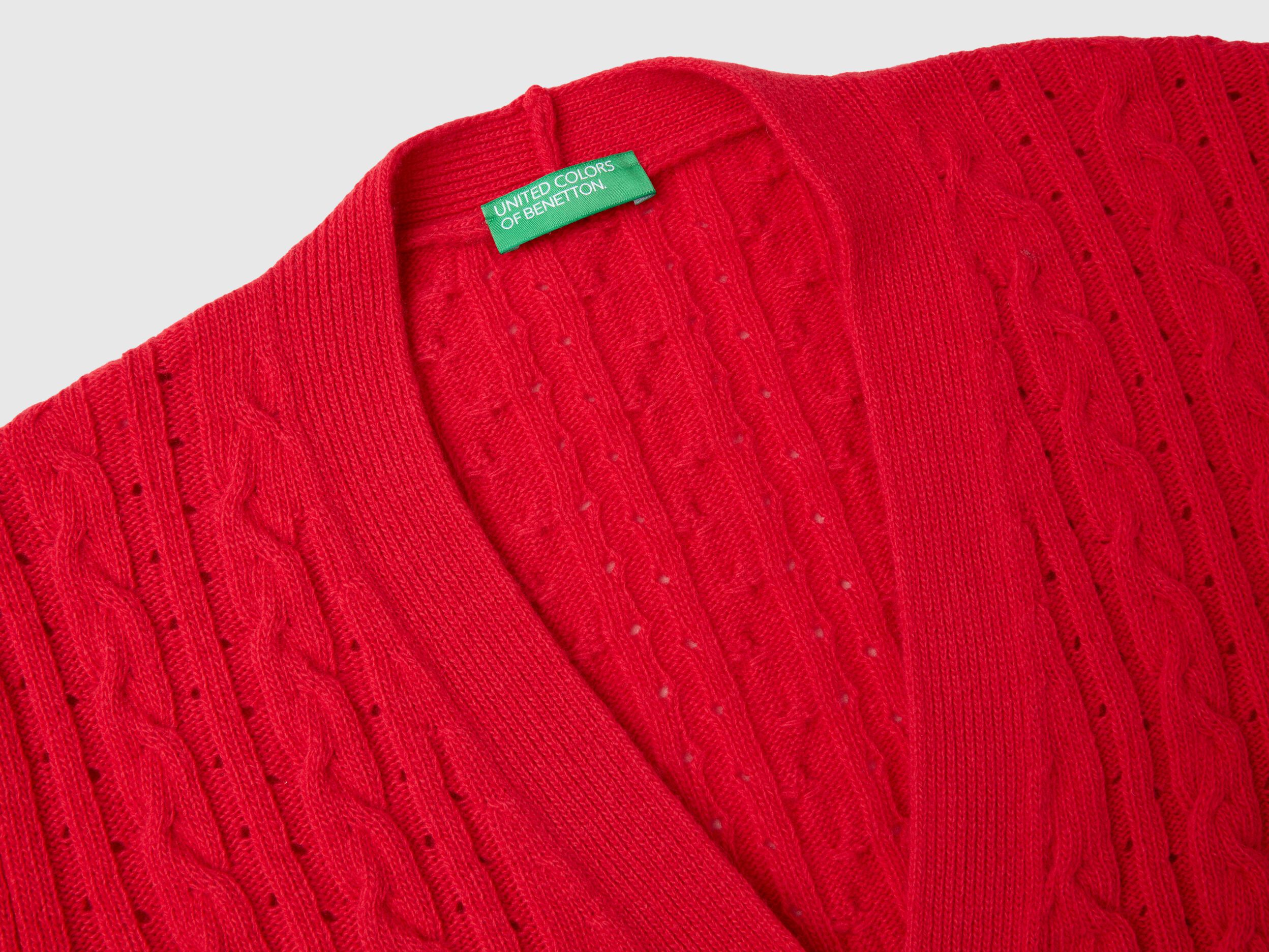 Benetton Boxy Fit Cardigan with Cable Knit and Perforations Red Women