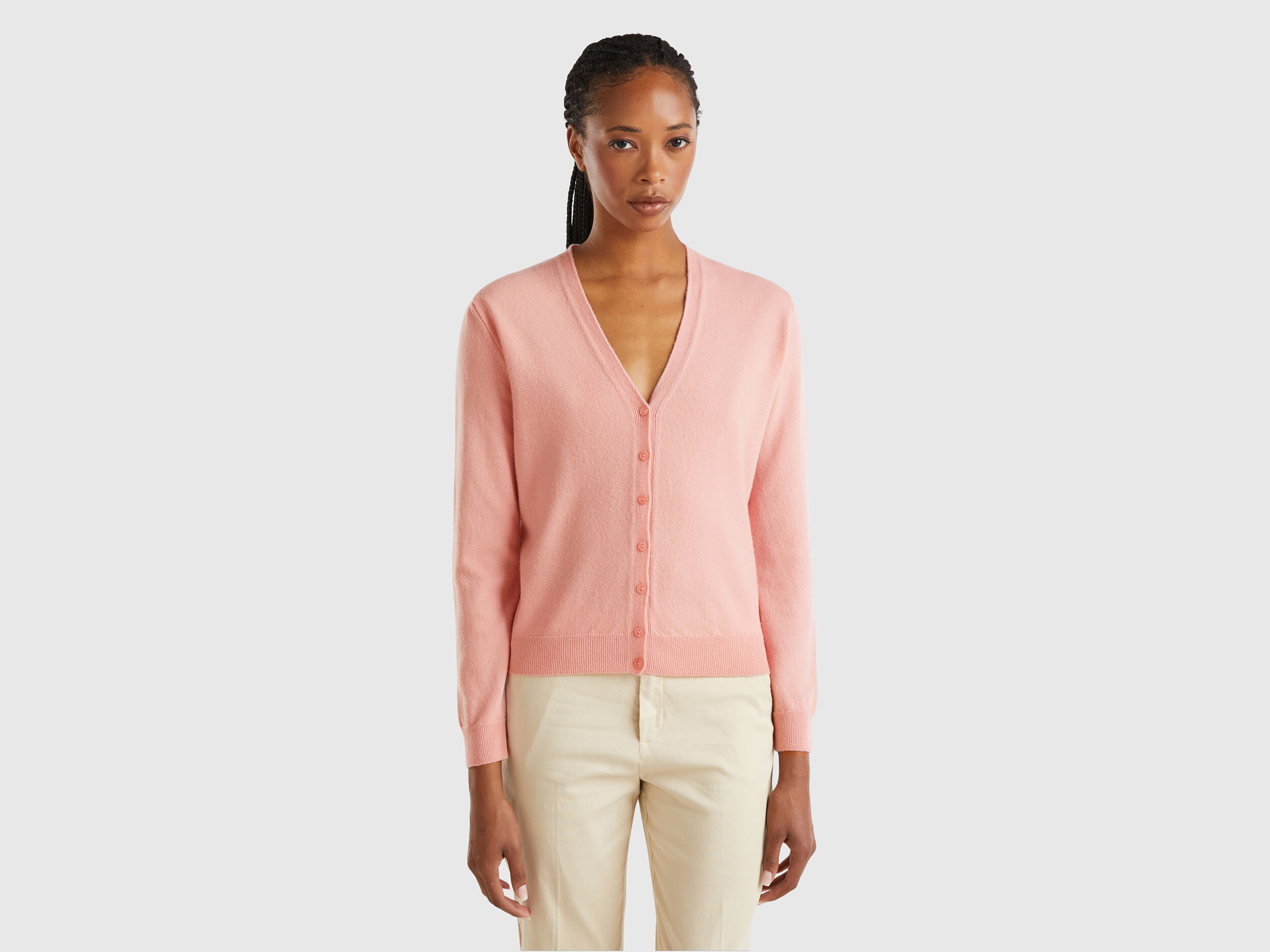 Pink V-neck cardigan in pure Merino wool - Pink | Benetton