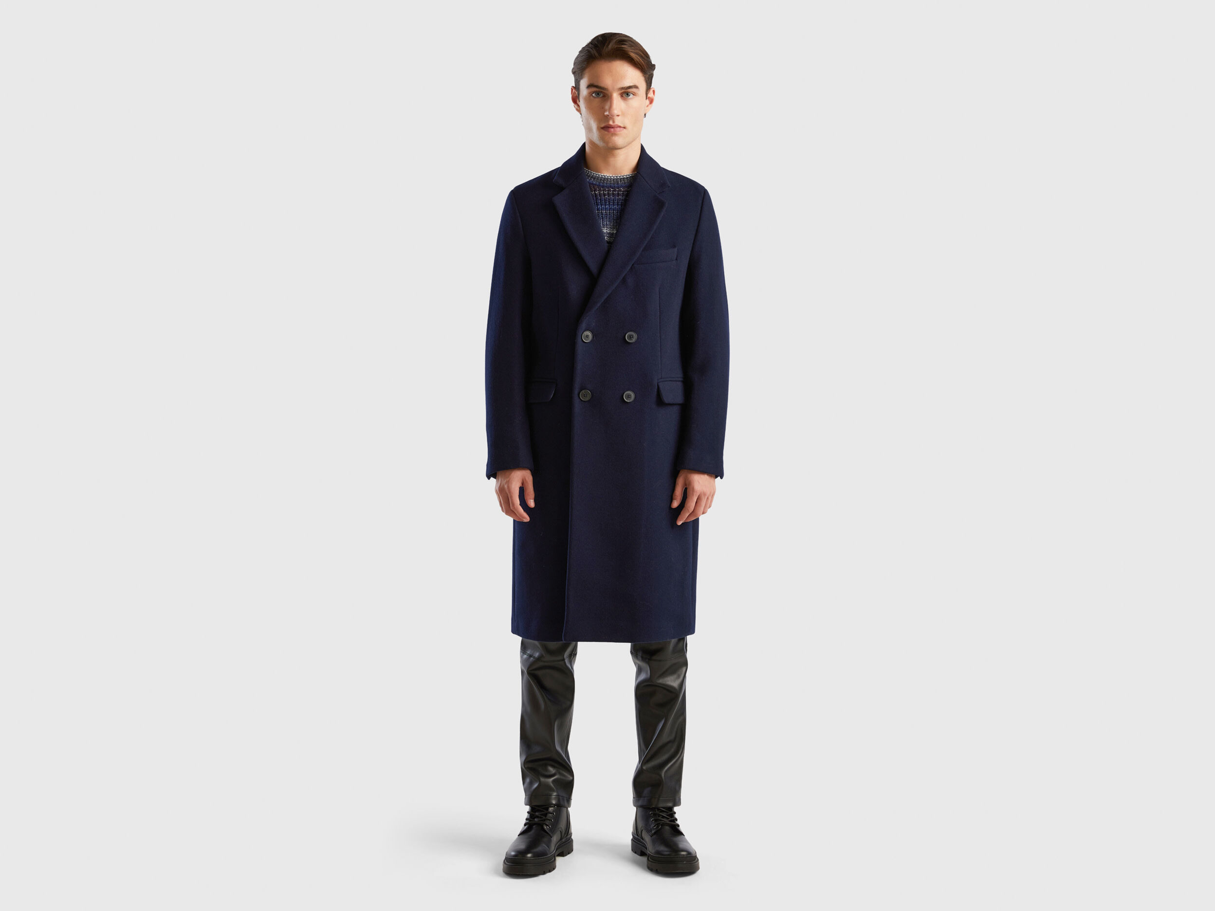 Double breasted slim fit coat Dark Blue Benetton