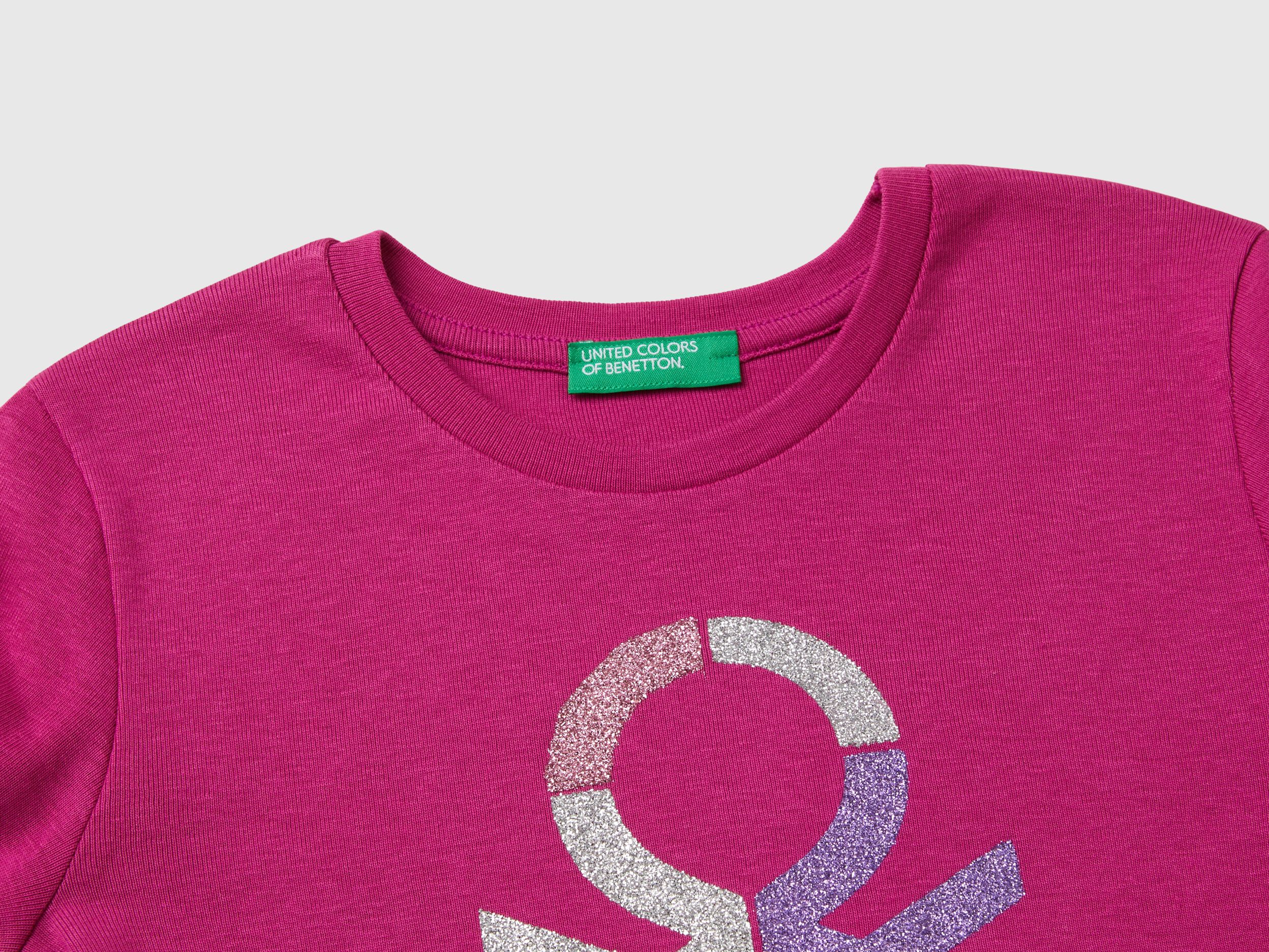 Long sleeve t-shirt with glittery print - Fuchsia | Benetton