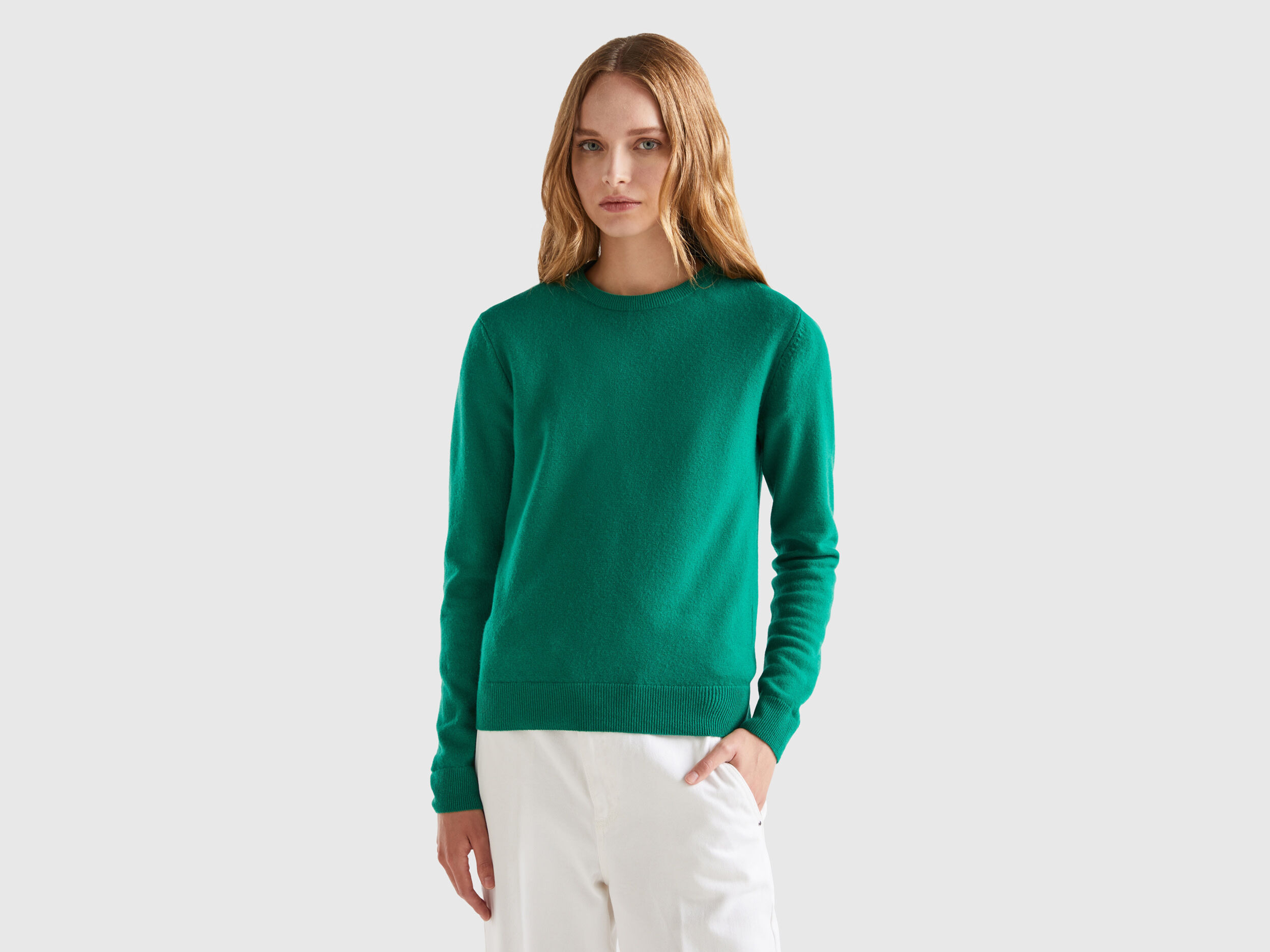 Forest green crew neck sweater in Merino wool Green Benetton
