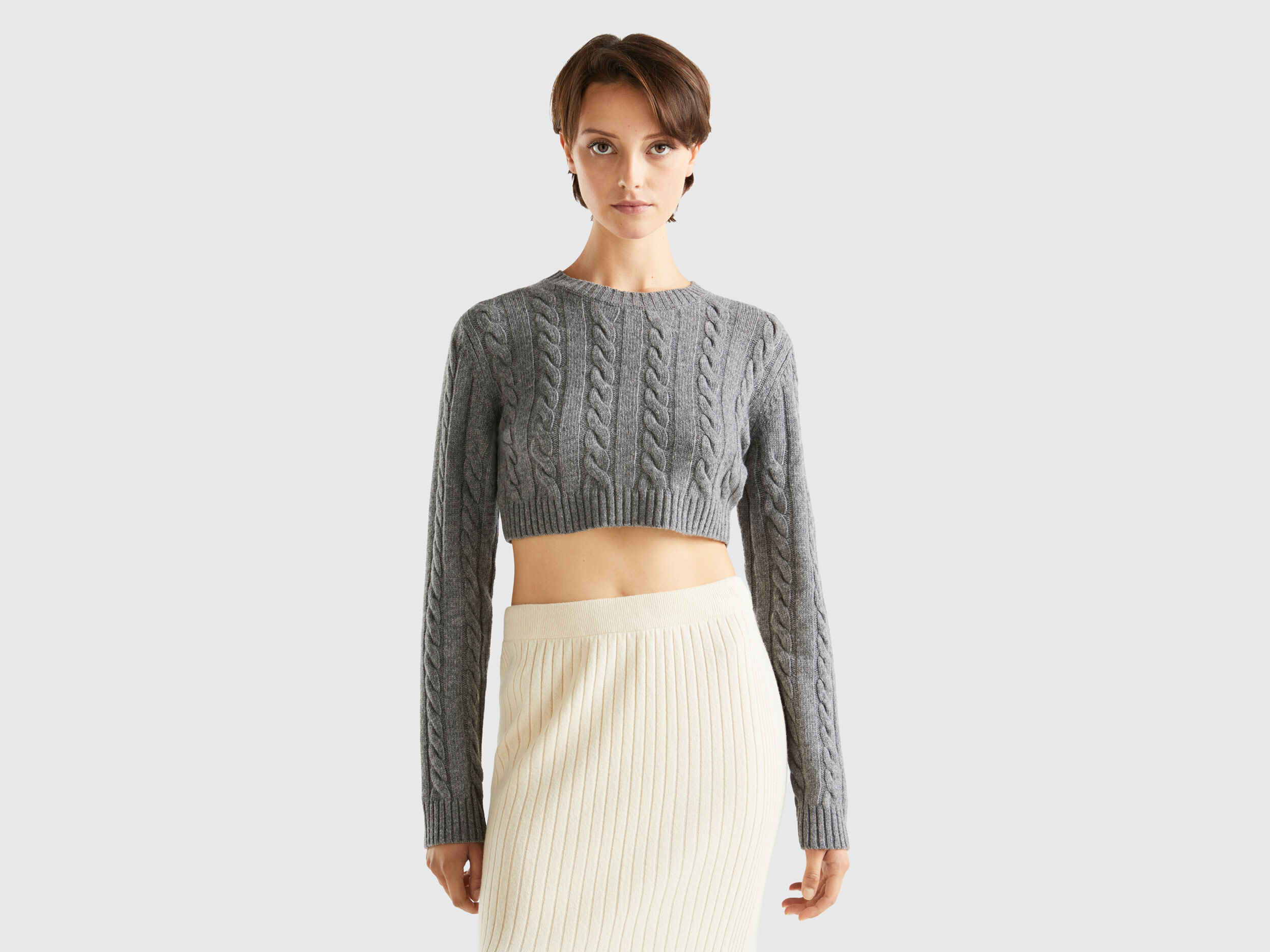 Cropped sweater with cables Dark Gray Benetton
