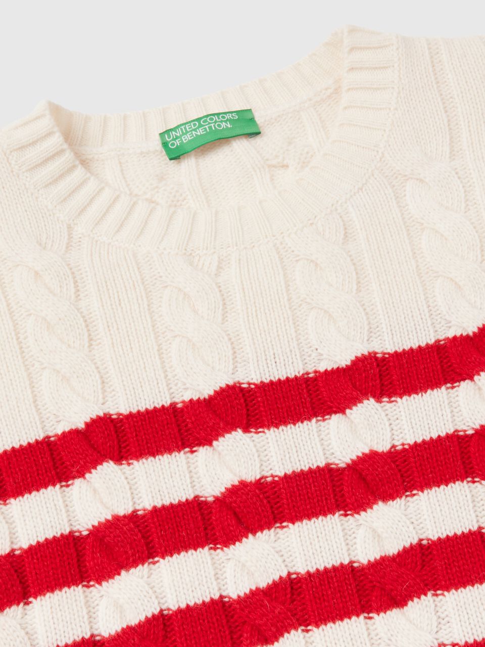 Striped sweater with cables - Red | Benetton