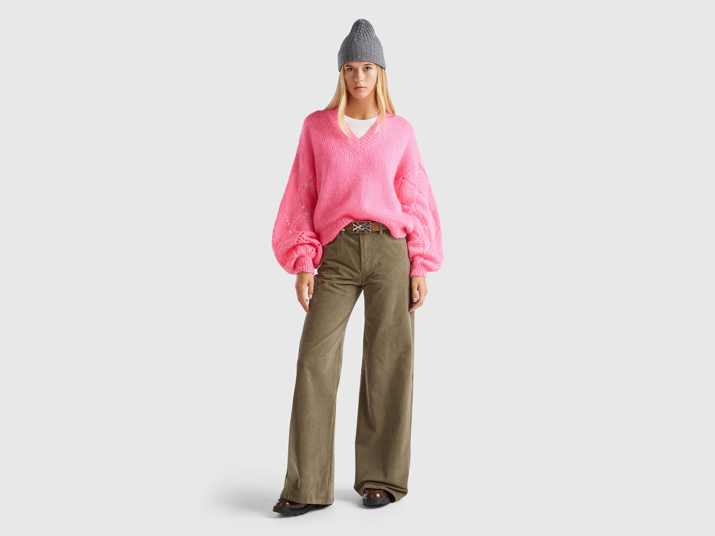 Sweater with perforated sleeve - Pink | Benetton