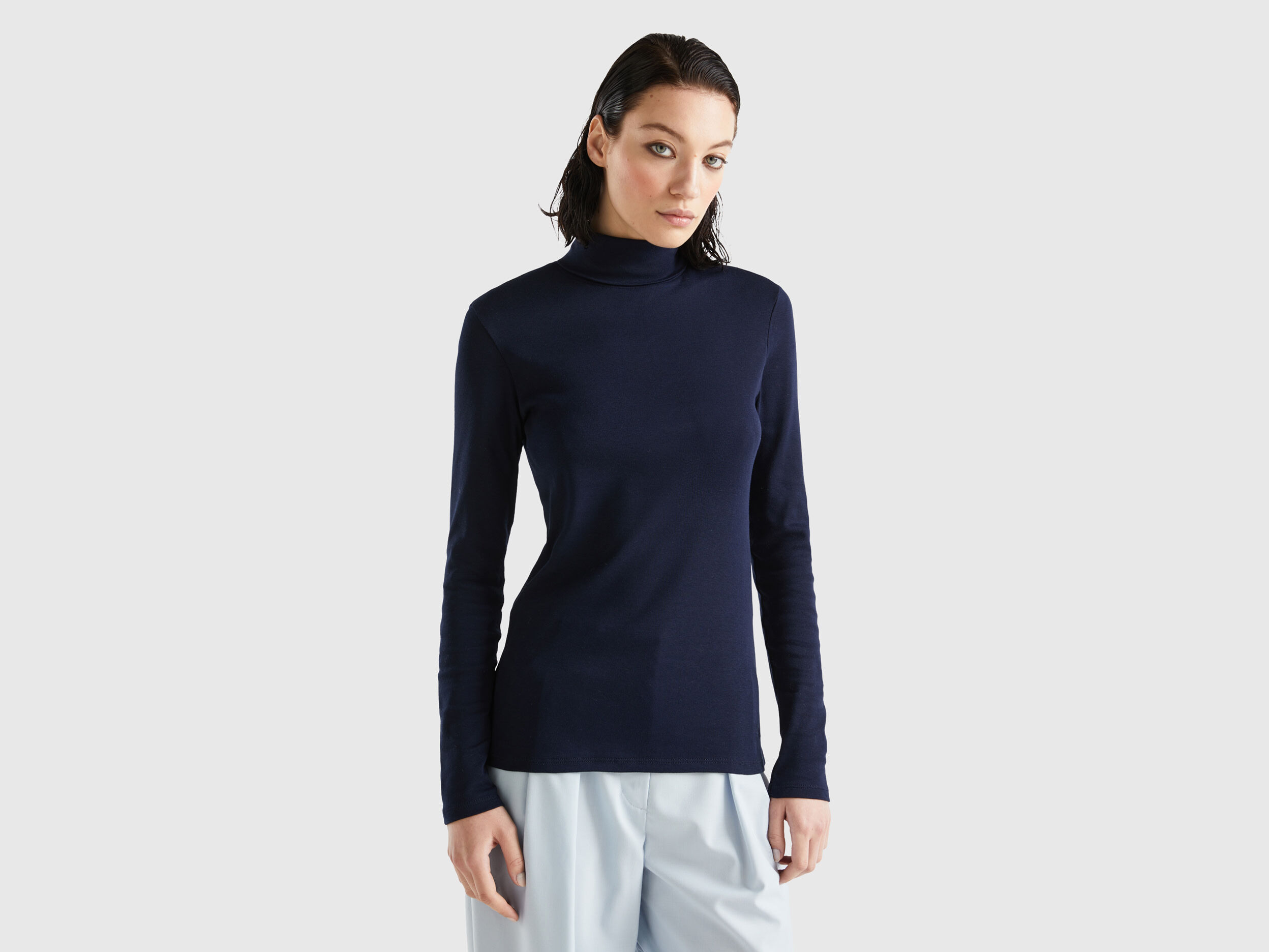Camiseta de manga larga con cuello alto Azul Oscuro Benetton