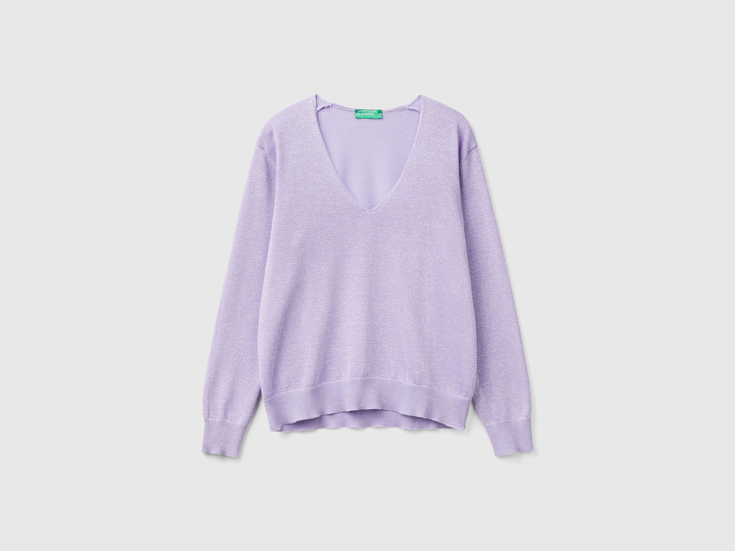 Sweater with V-neck and lurex - Lilac | Benetton