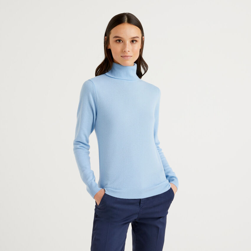 Sky blue turtleneck sweater in pure Merino wool