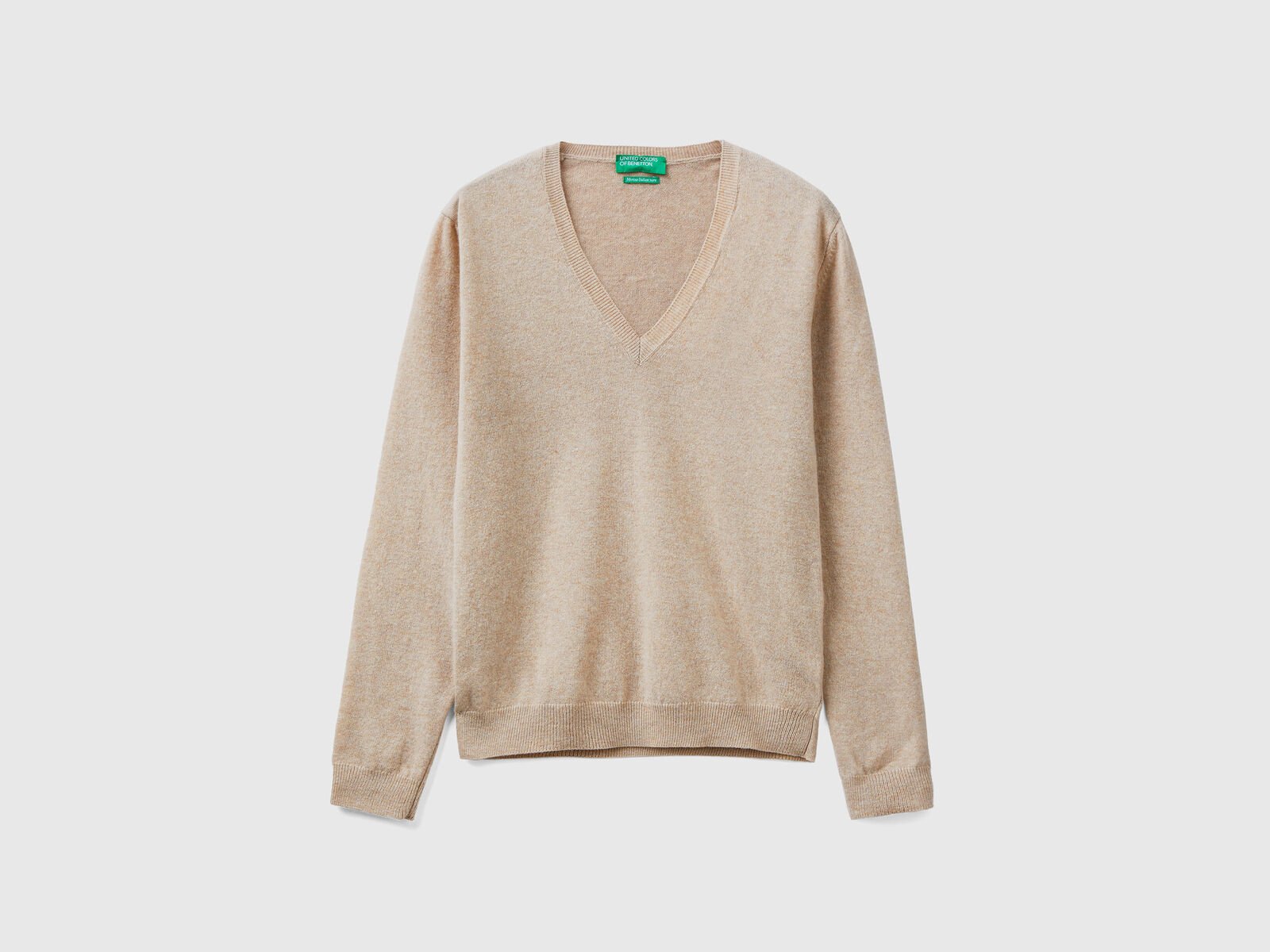 Beige V-neck sweater in | wool pure Beige Benetton Merino 