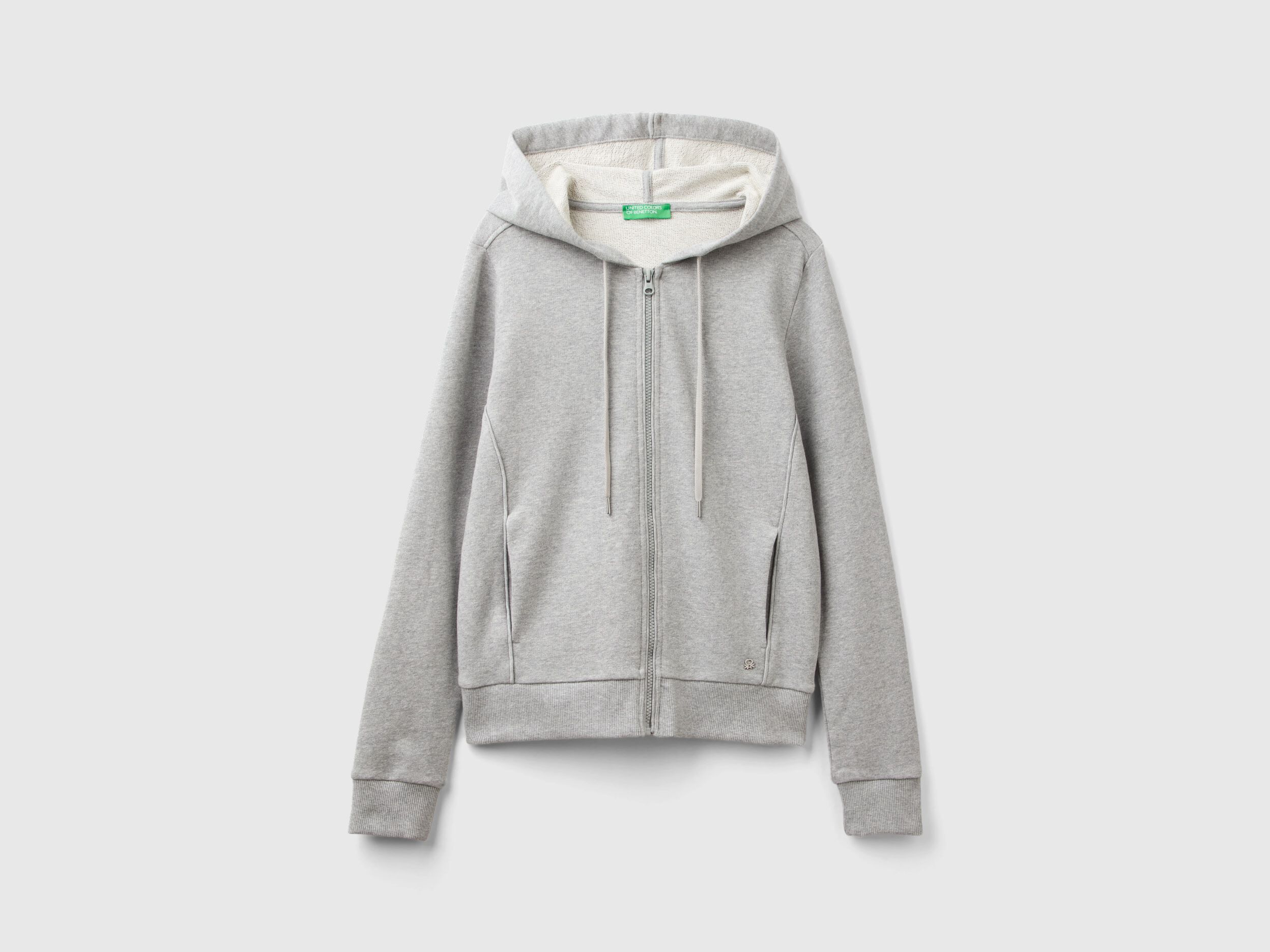 100% cotton sweatshirt with zip and hood - Light Gray | Benetton