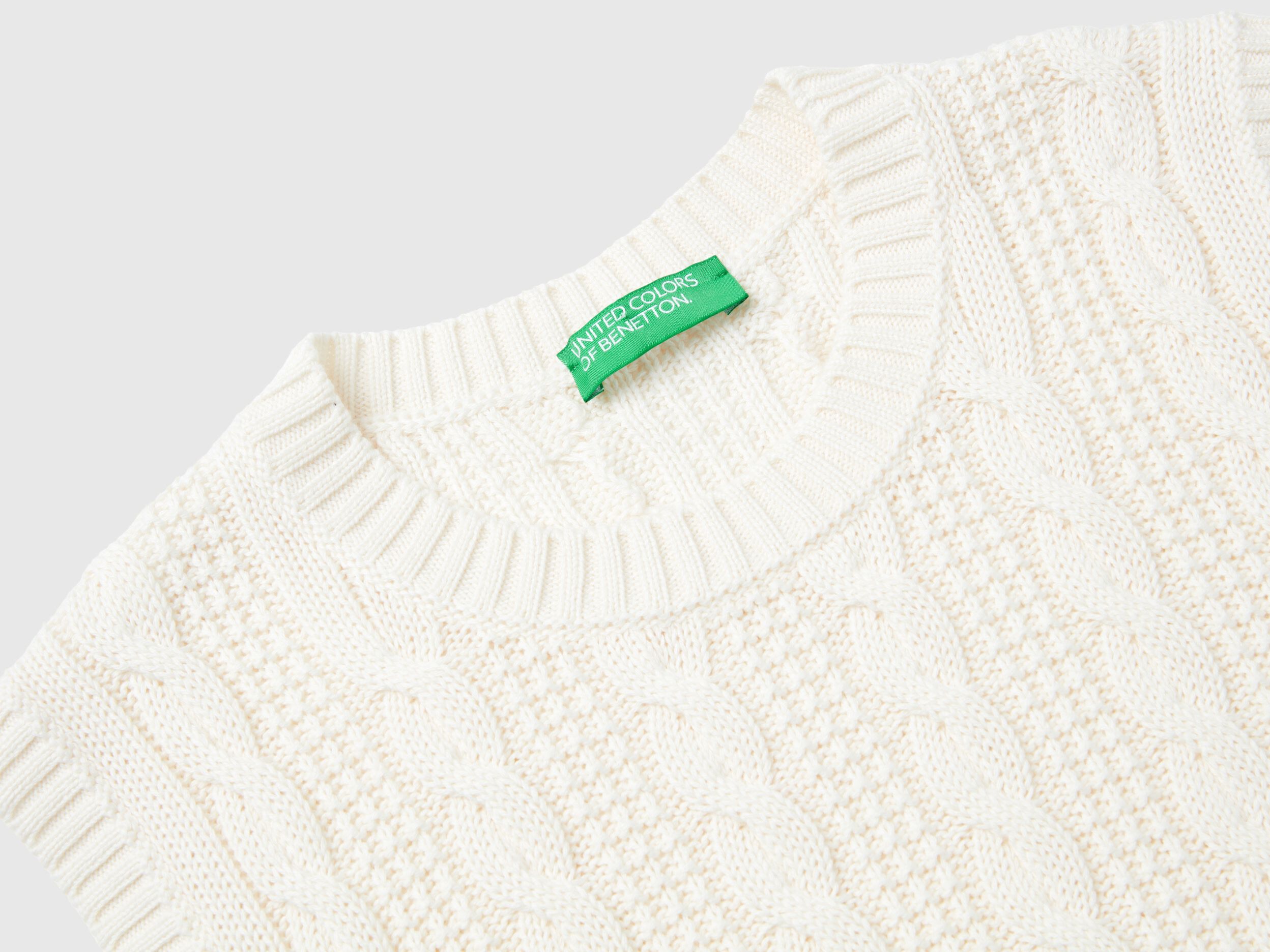 Cropped cable knit vest - Creamy White | Benetton