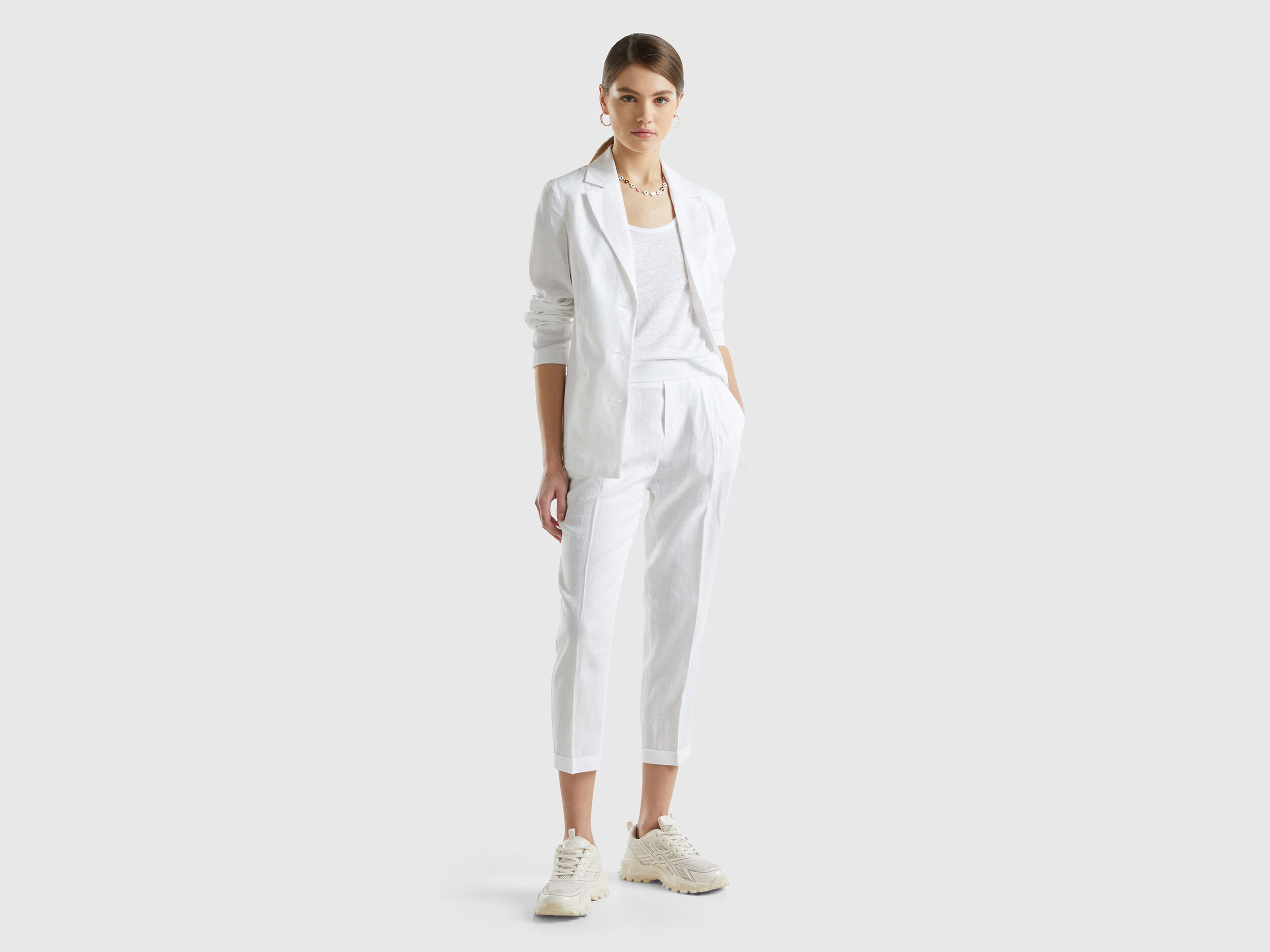 Benetton Cropped Trousers in 100 Linen Size XXS White Women