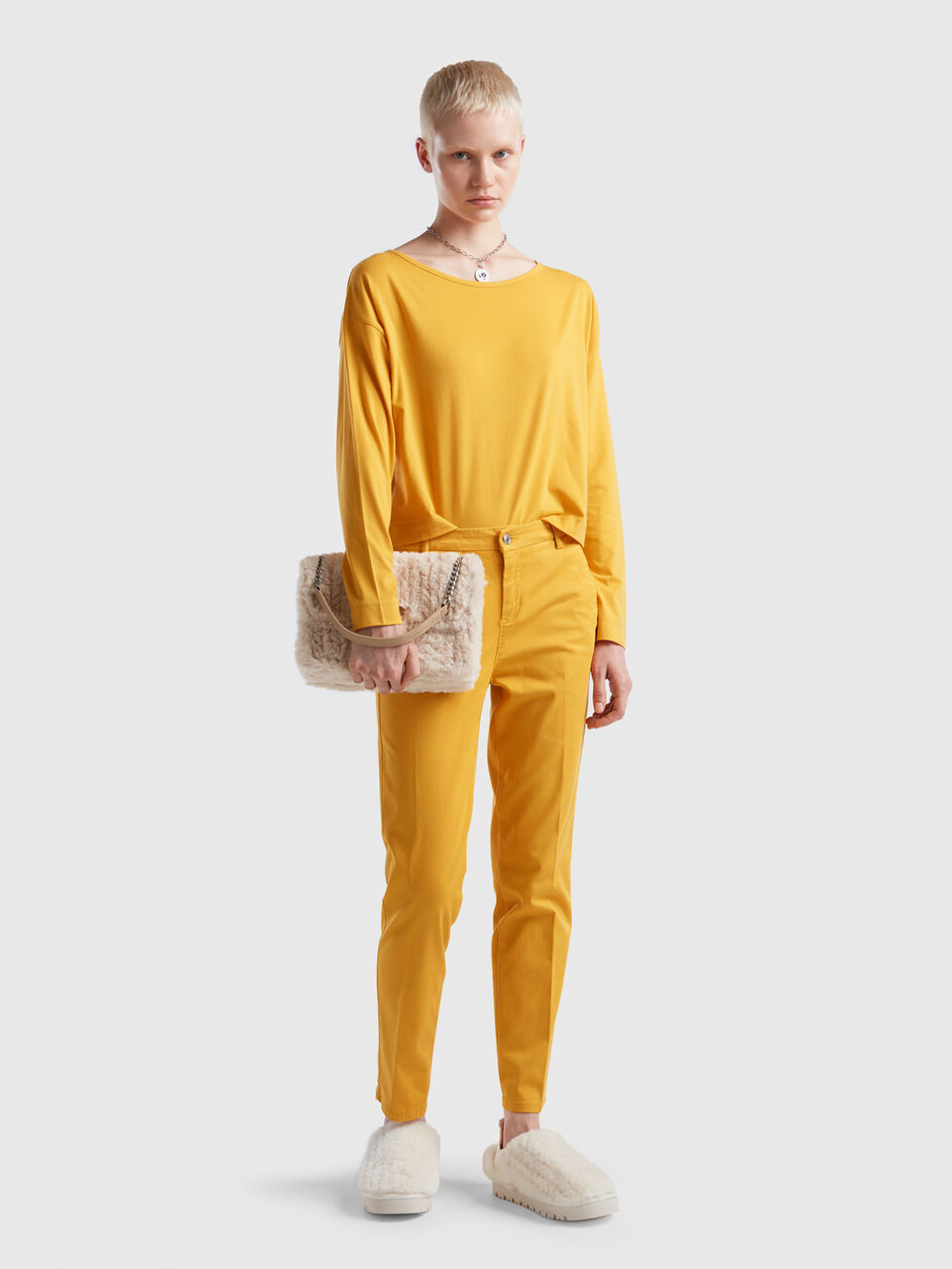 Benetton Yellow ochre cotton | - long t-shirt fiber Yellow