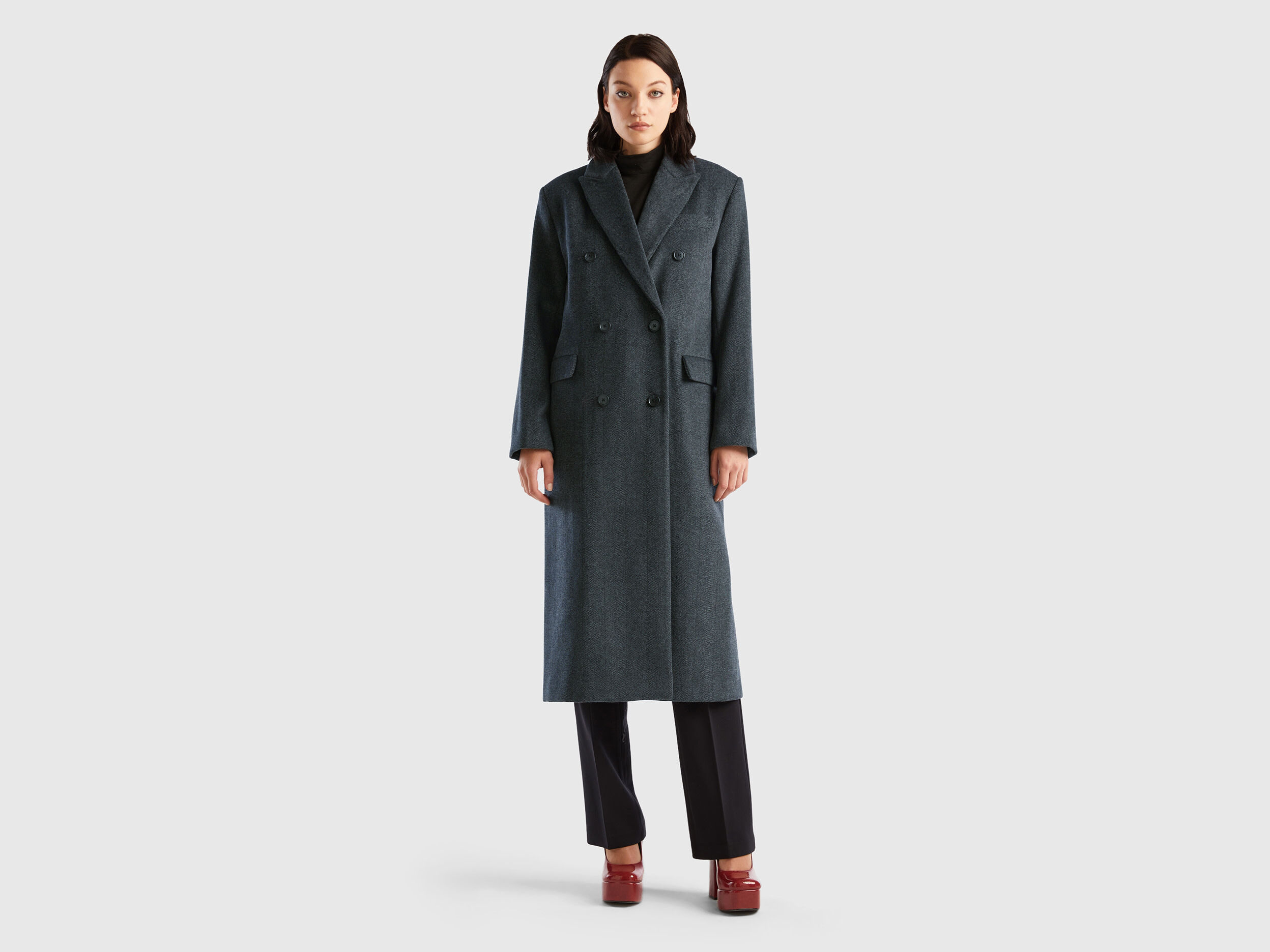 Long double breasted coat Dark Gray Benetton