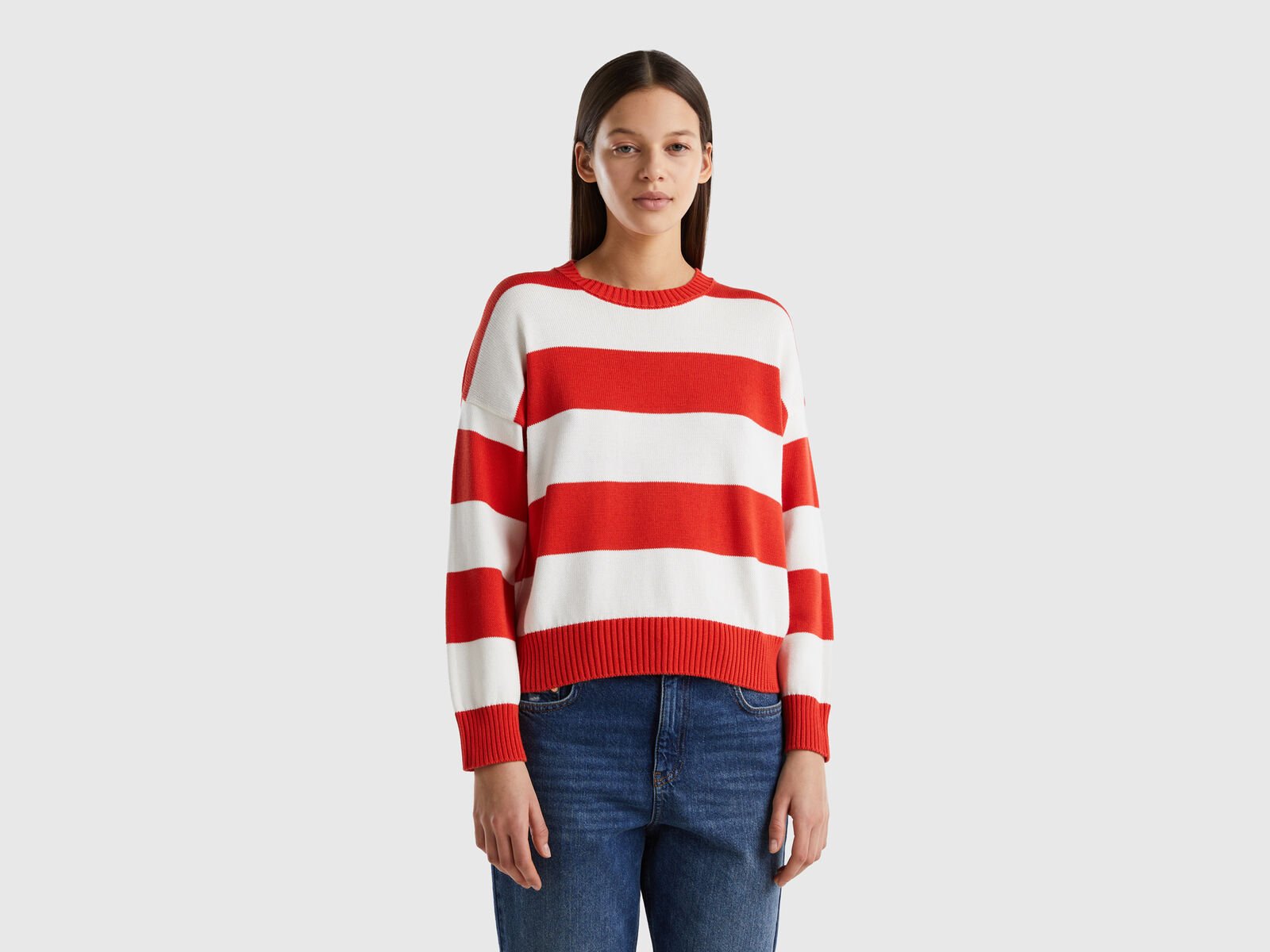 Striped sweater in tricot cotton - Red | Benetton