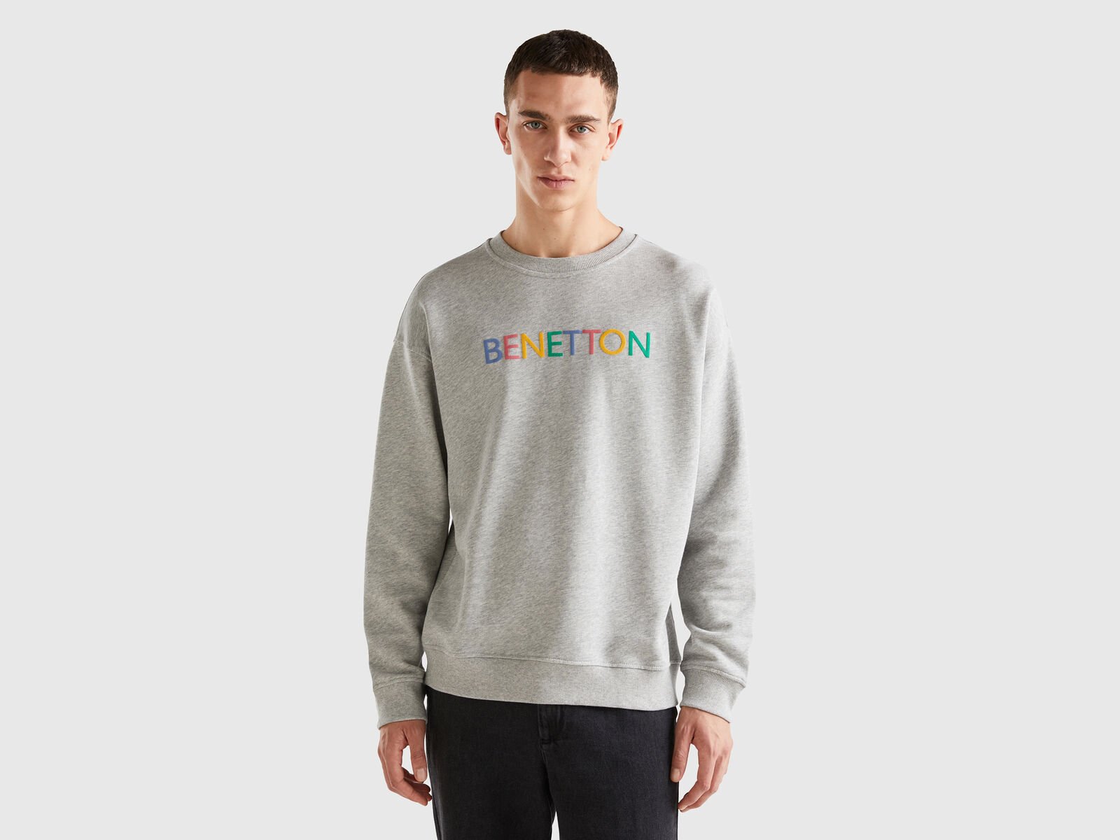 Crew neck sweatshirt with logo print - Light Gray | Benetton