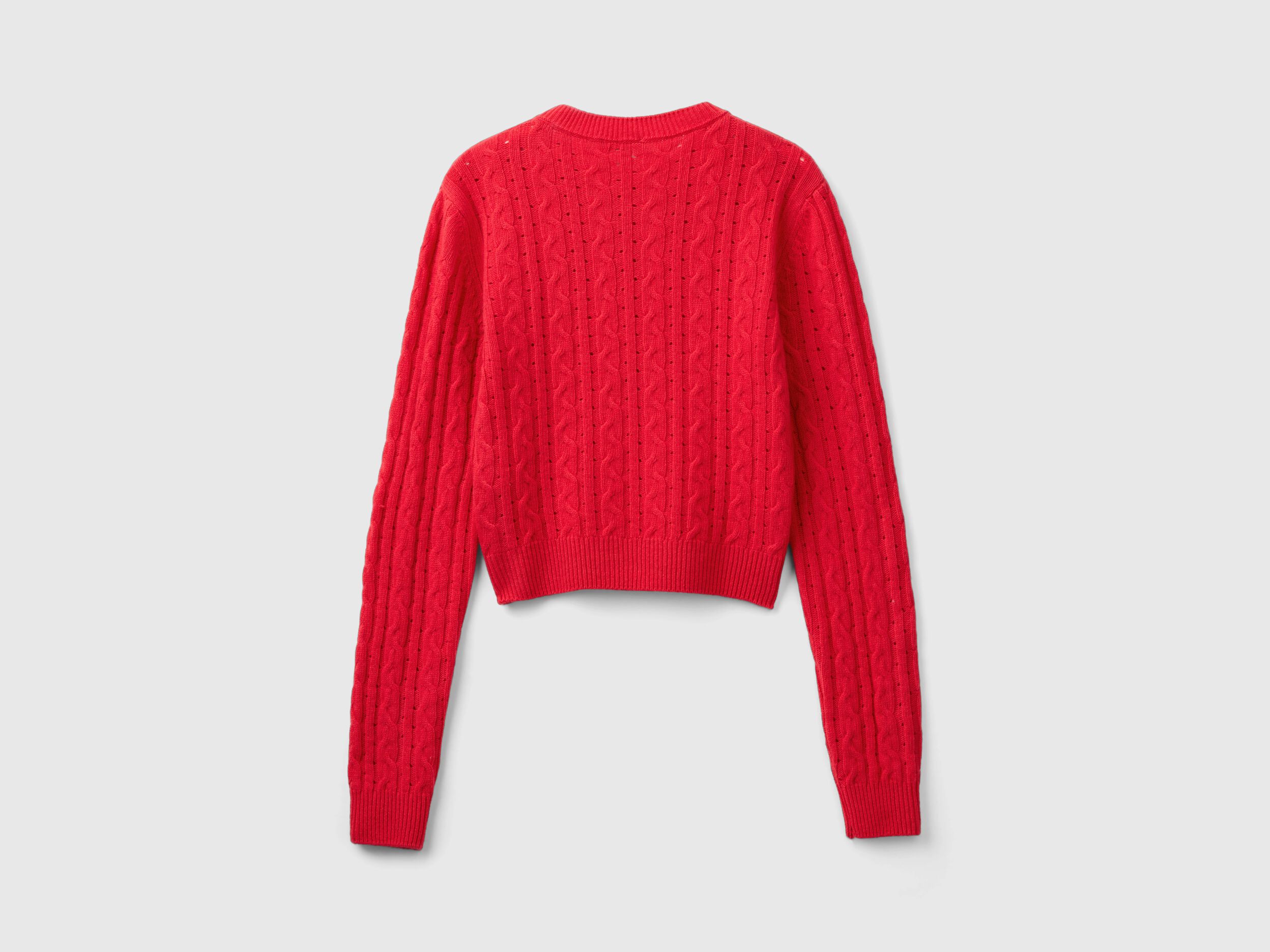 Cropped sweater with cable knit and perforations Red Benetton
