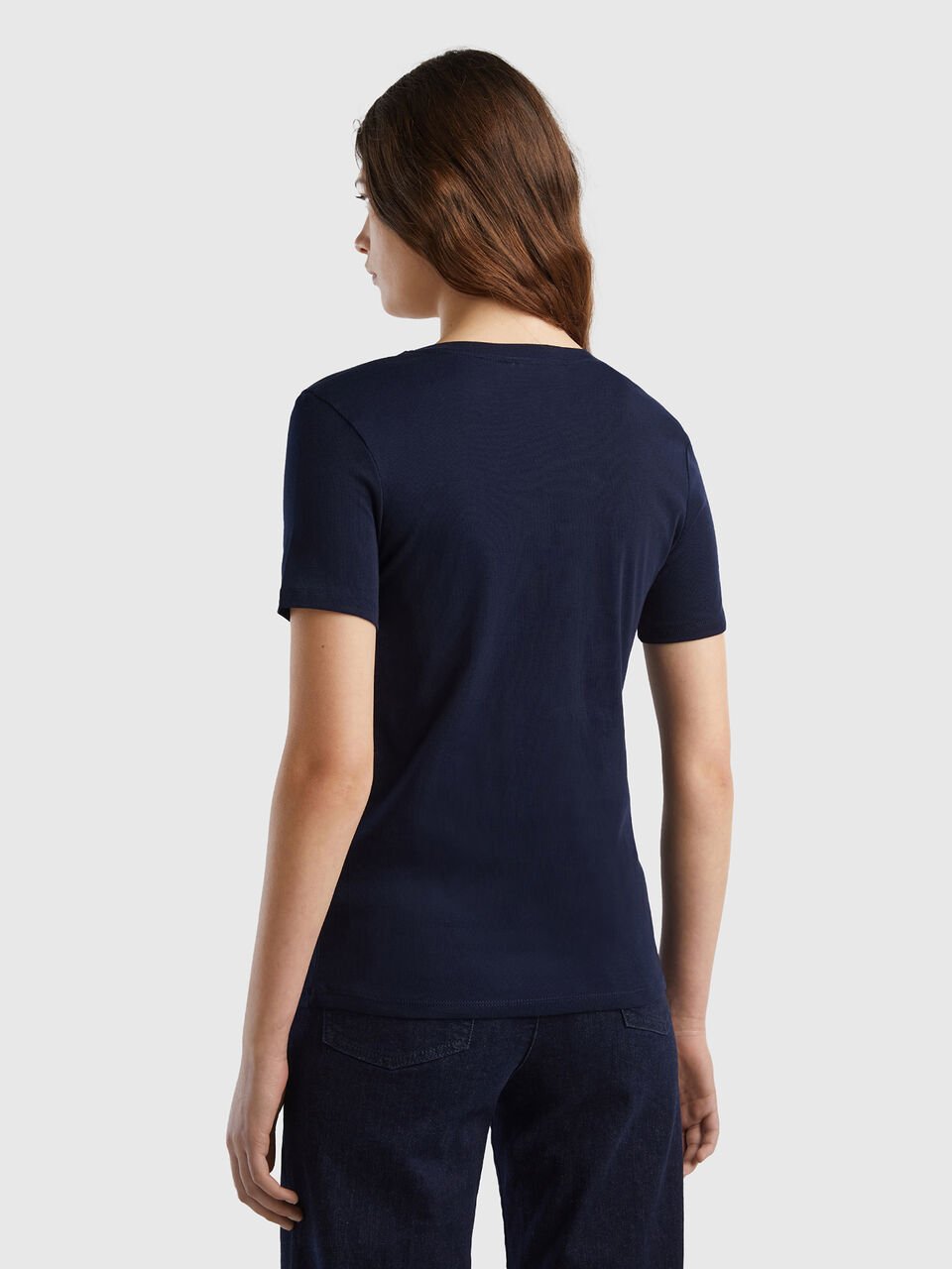 Pure cotton t-shirt with V-neck - Dark Blue | Benetton