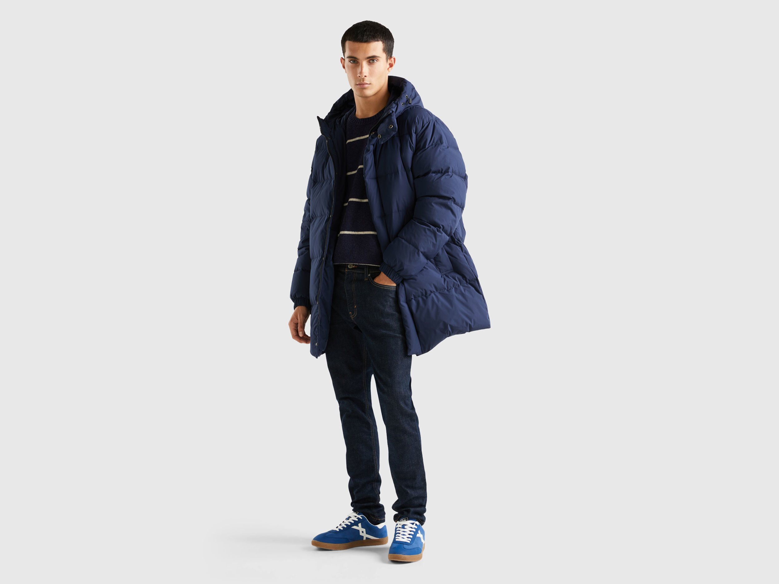 Long padded jacket with recycled feathers Dark Blue Benetton