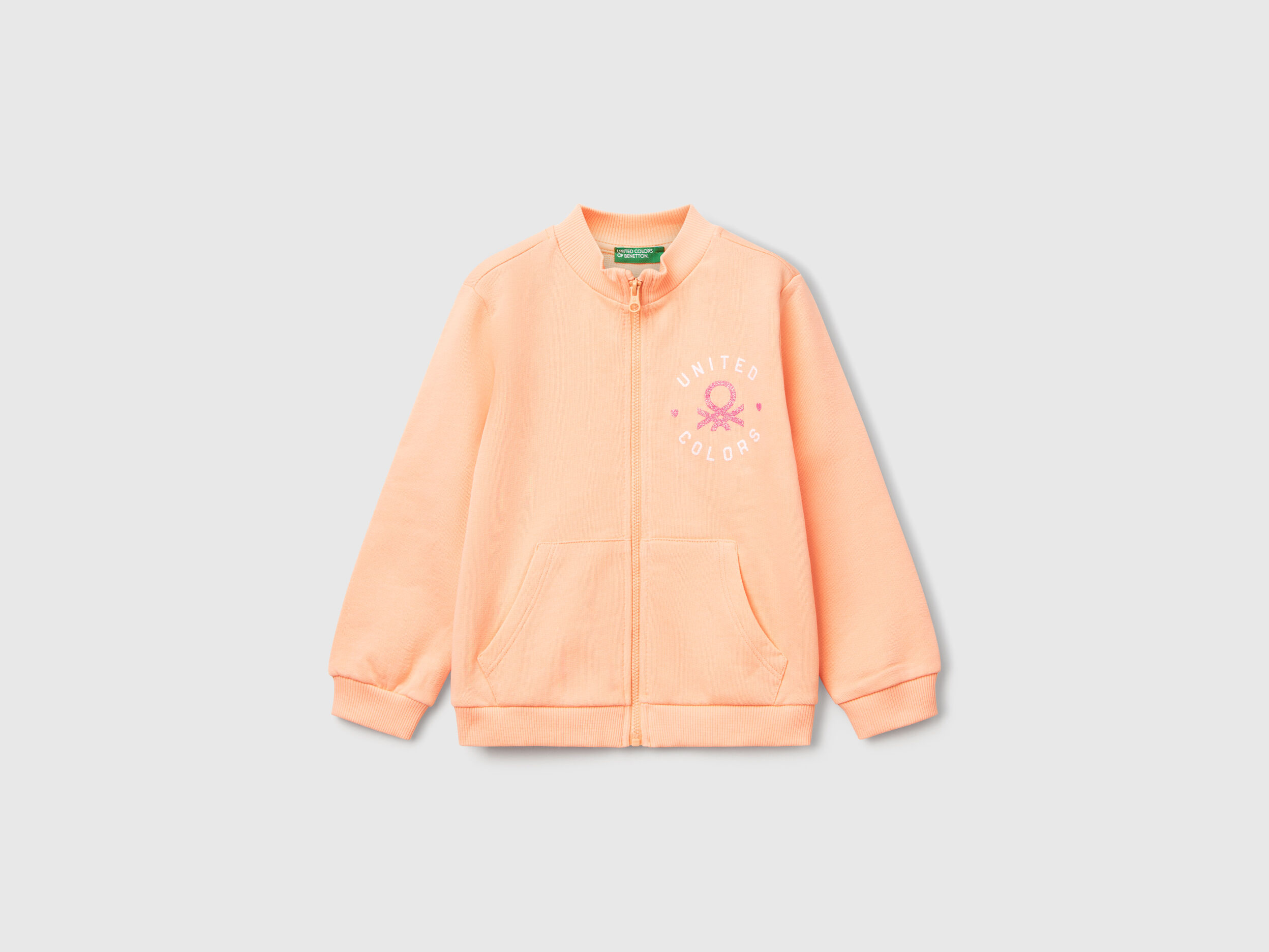 Sweatshirt with zip in cotton - Peach | Benetton
