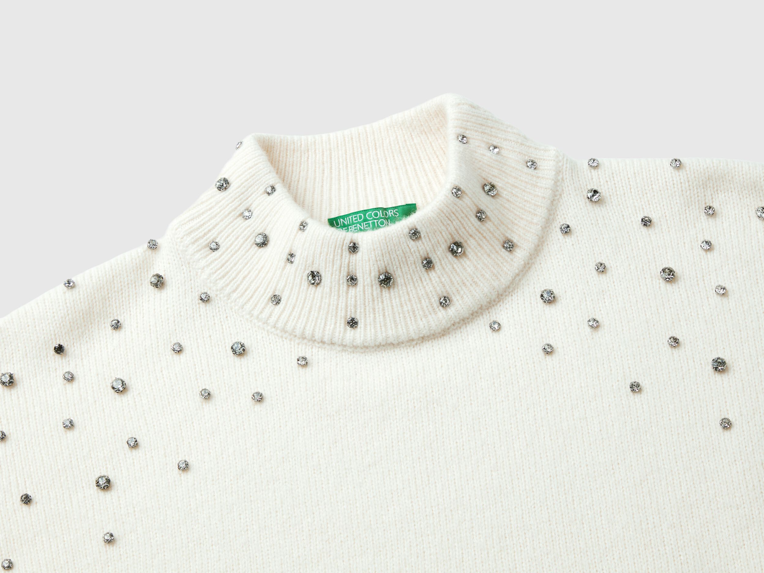 Turtleneck sweater with rhinestones - Creamy White | Benetton