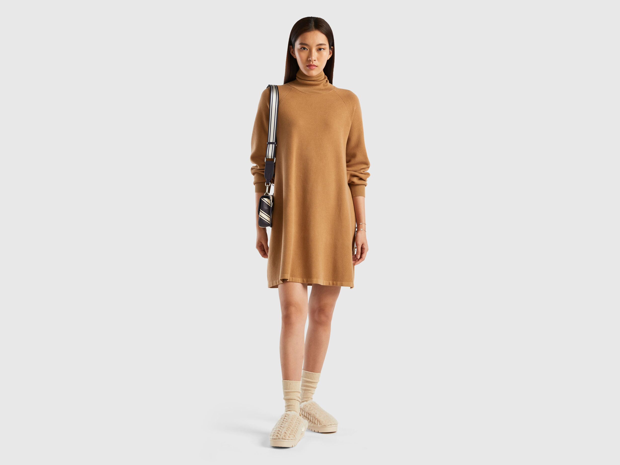 Knit dress with high neck - Camel | Benetton