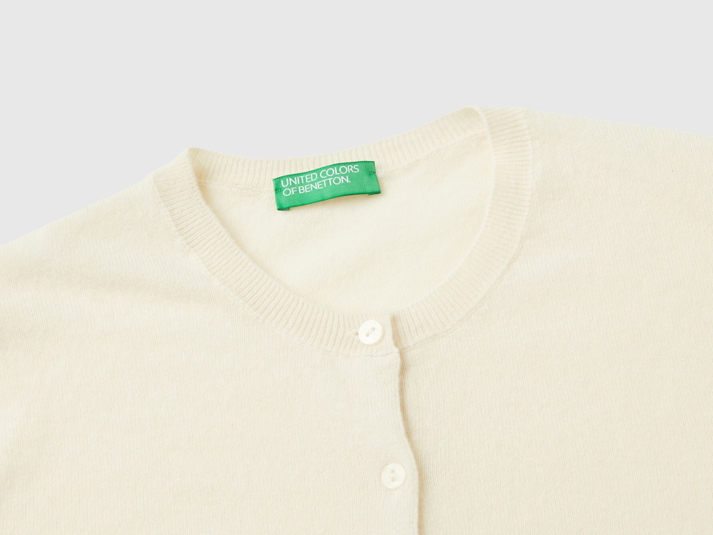 Benetton Cream Crew Neck Cardigan in Pure Merino Wool Creamy White Women