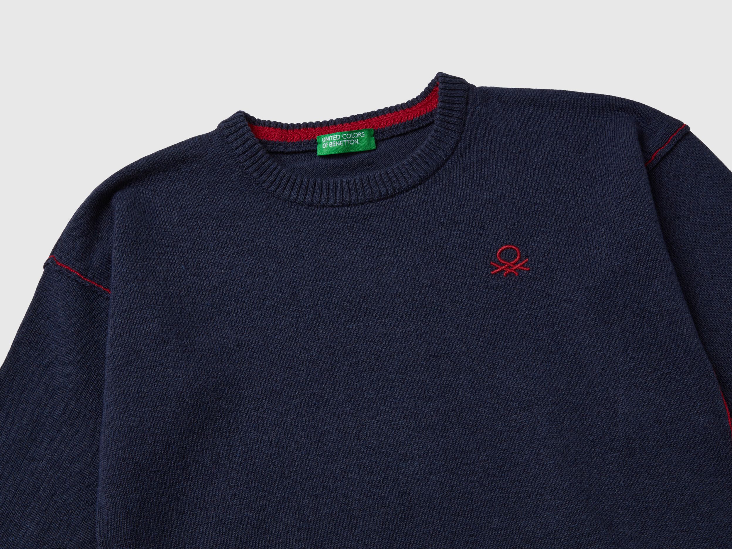 Crew neck sweater with embroidery - Dark Blue | Benetton