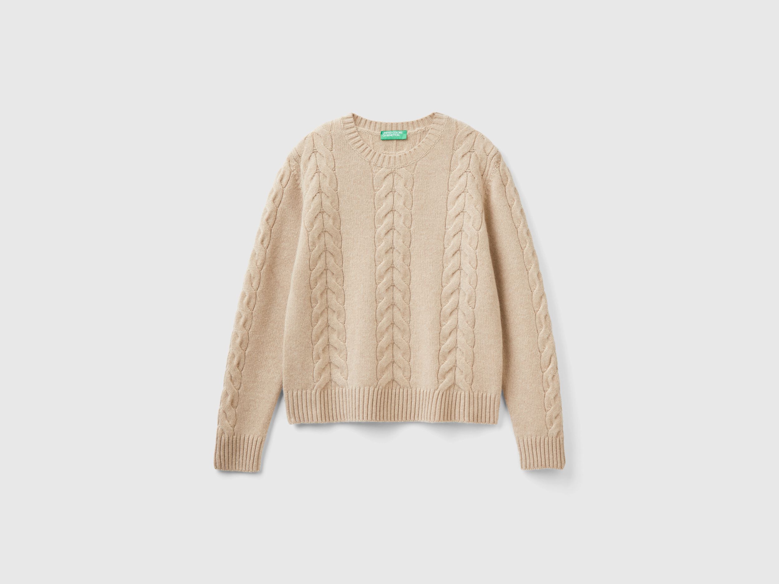 Cable knit sweater in pure cashmere Beige Benetton